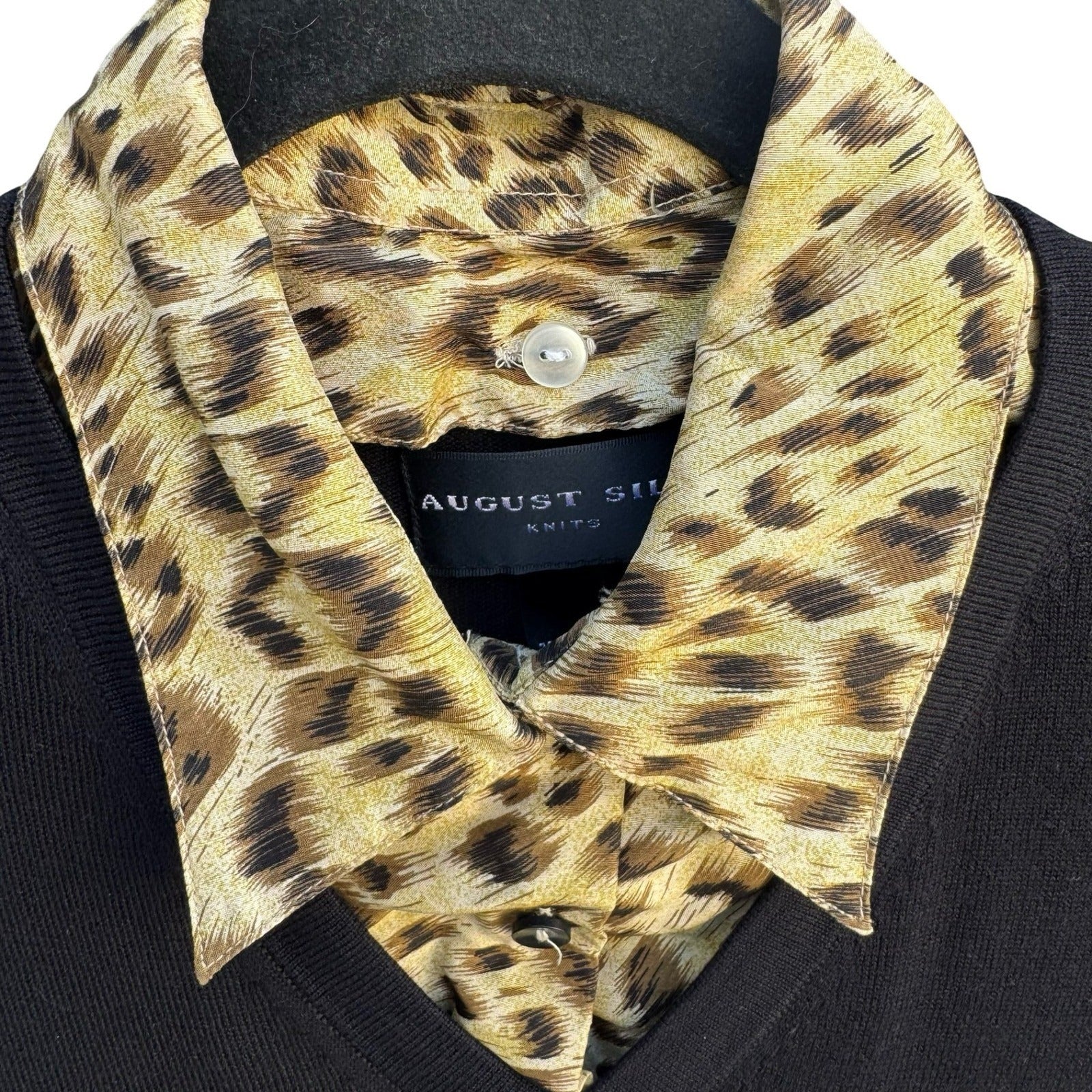 August Silk Knits Womens Black V-Neck Sweater Leopard Collar Layered Look Large