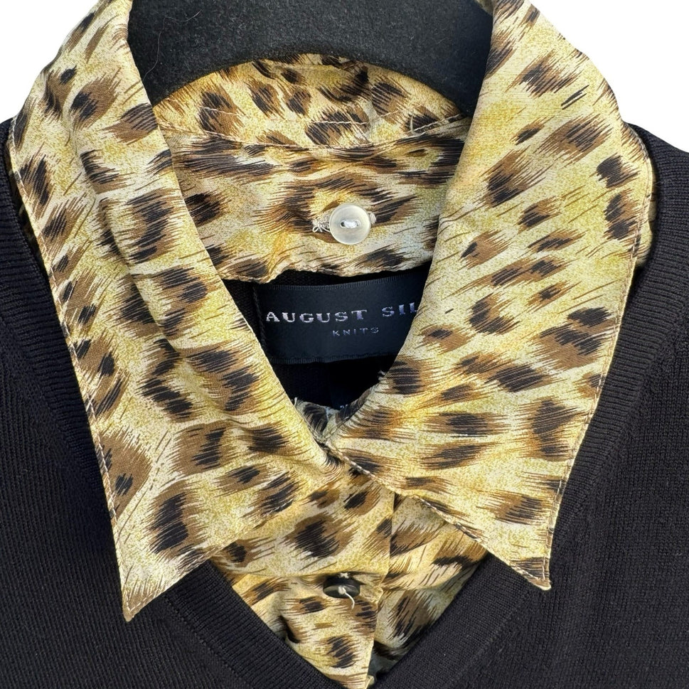 August Silk Knits Womens Black V-Neck Sweater Leopard Collar Layered Look Large