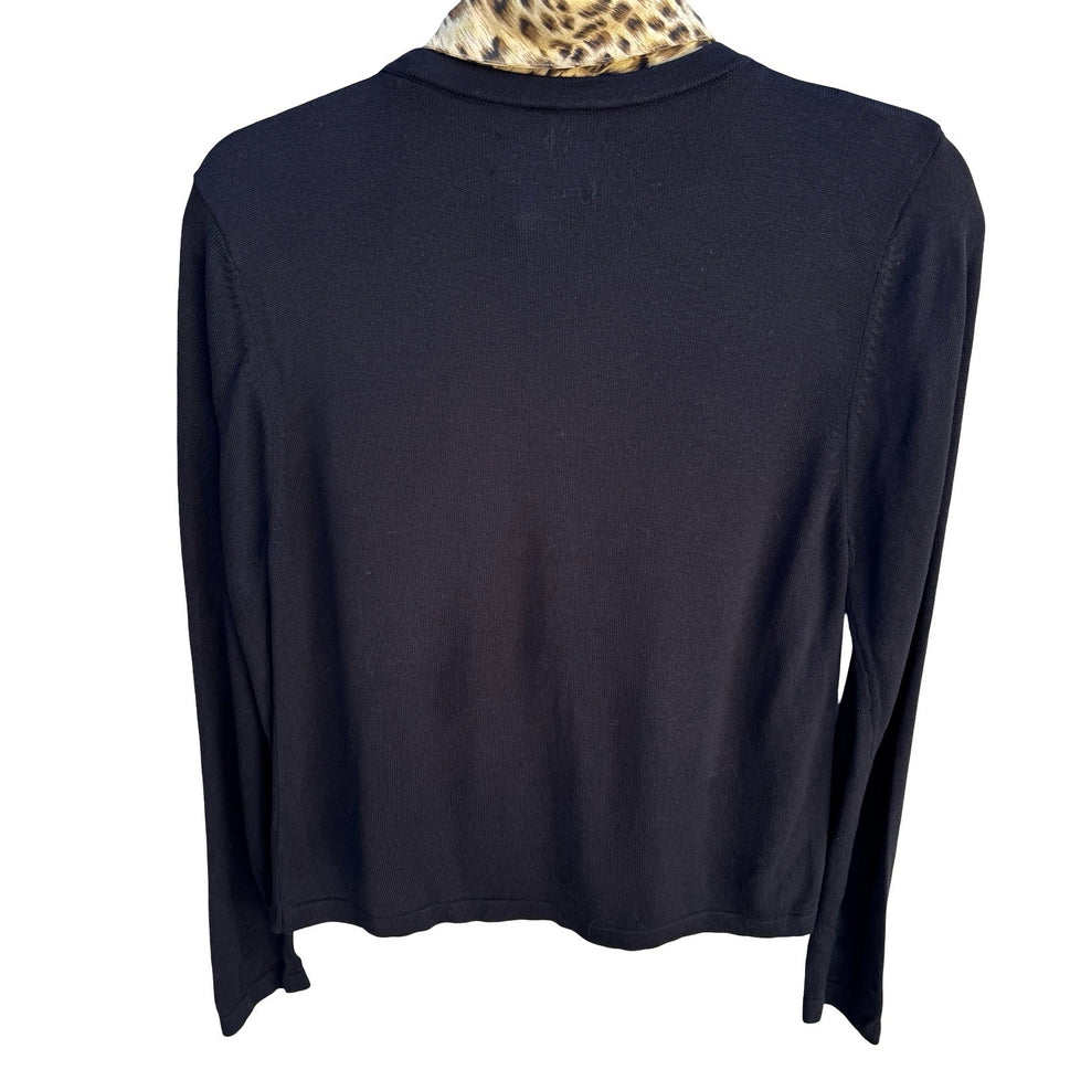 August Silk Knits Womens Black V-Neck Sweater Leopard Collar Layered Look Large