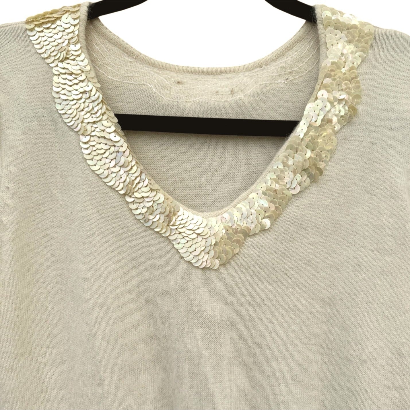 Angora Vintage Ivory Sequin V Neck Pleat Balloon Sleeve Knit Old Money Sweater S