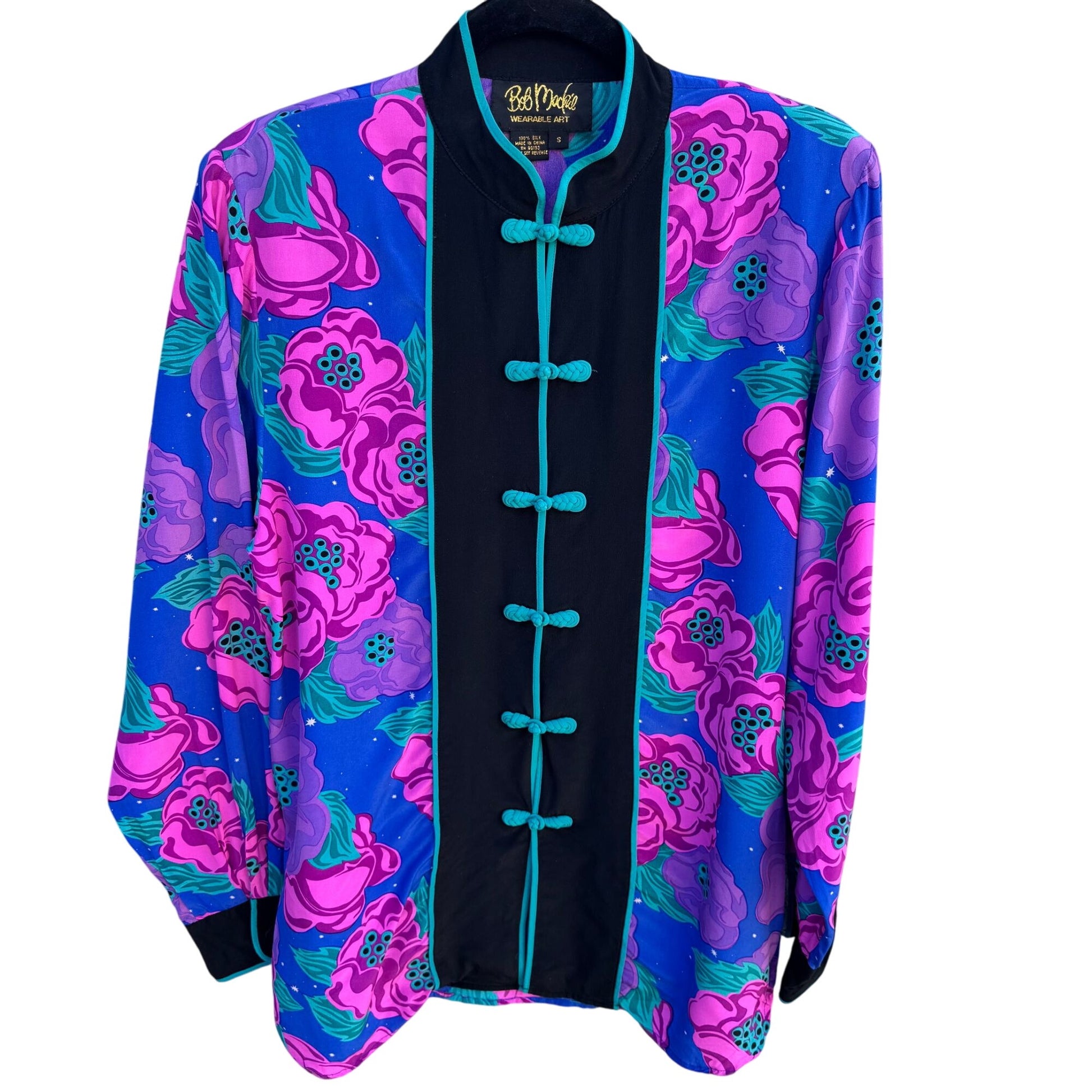 Bob Mackie Wearable Art Vintage Womens Silk Floral Frog Closure Kimono Jacket S