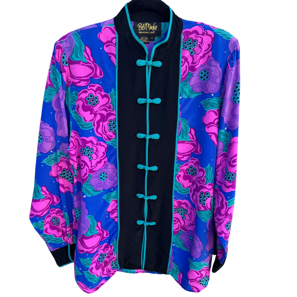 Bob Mackie Wearable Art Vintage Womens Silk Floral Frog Closure Kimono Jacket S