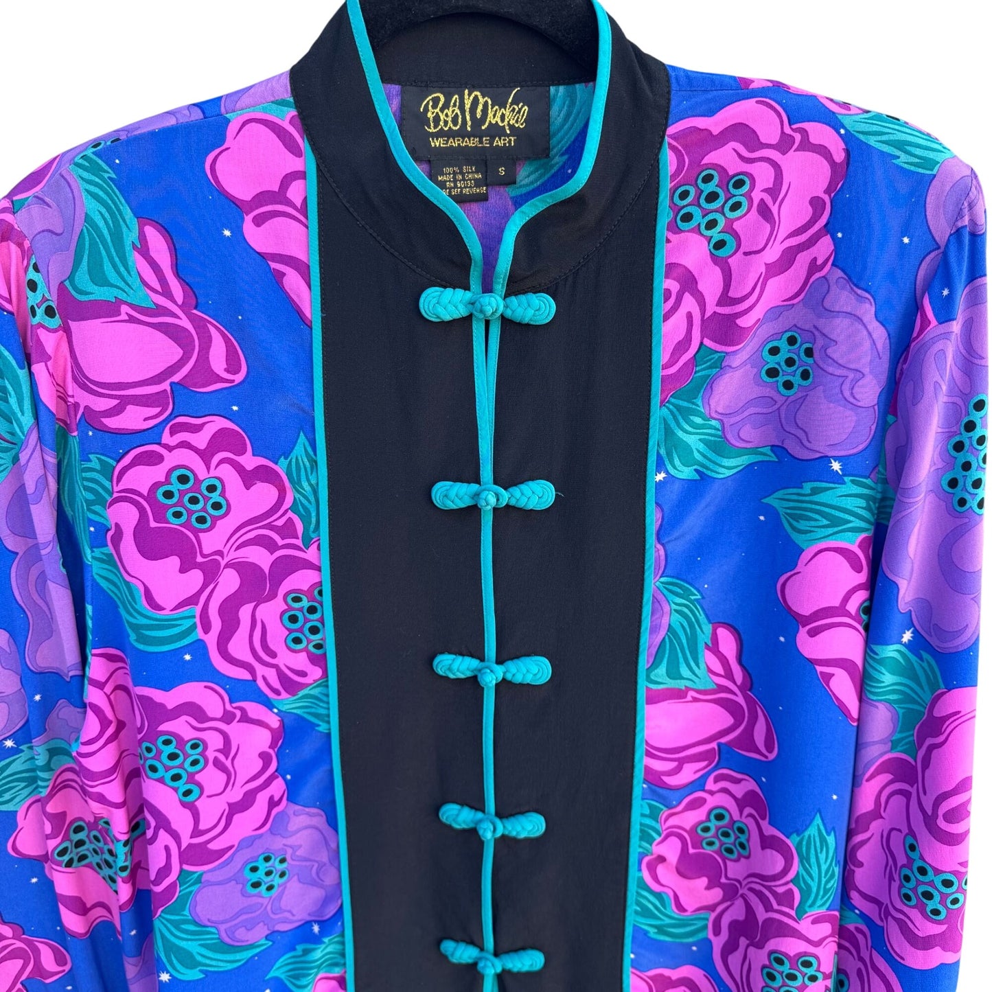 Bob Mackie Wearable Art Vintage Womens Silk Floral Frog Closure Kimono Jacket S