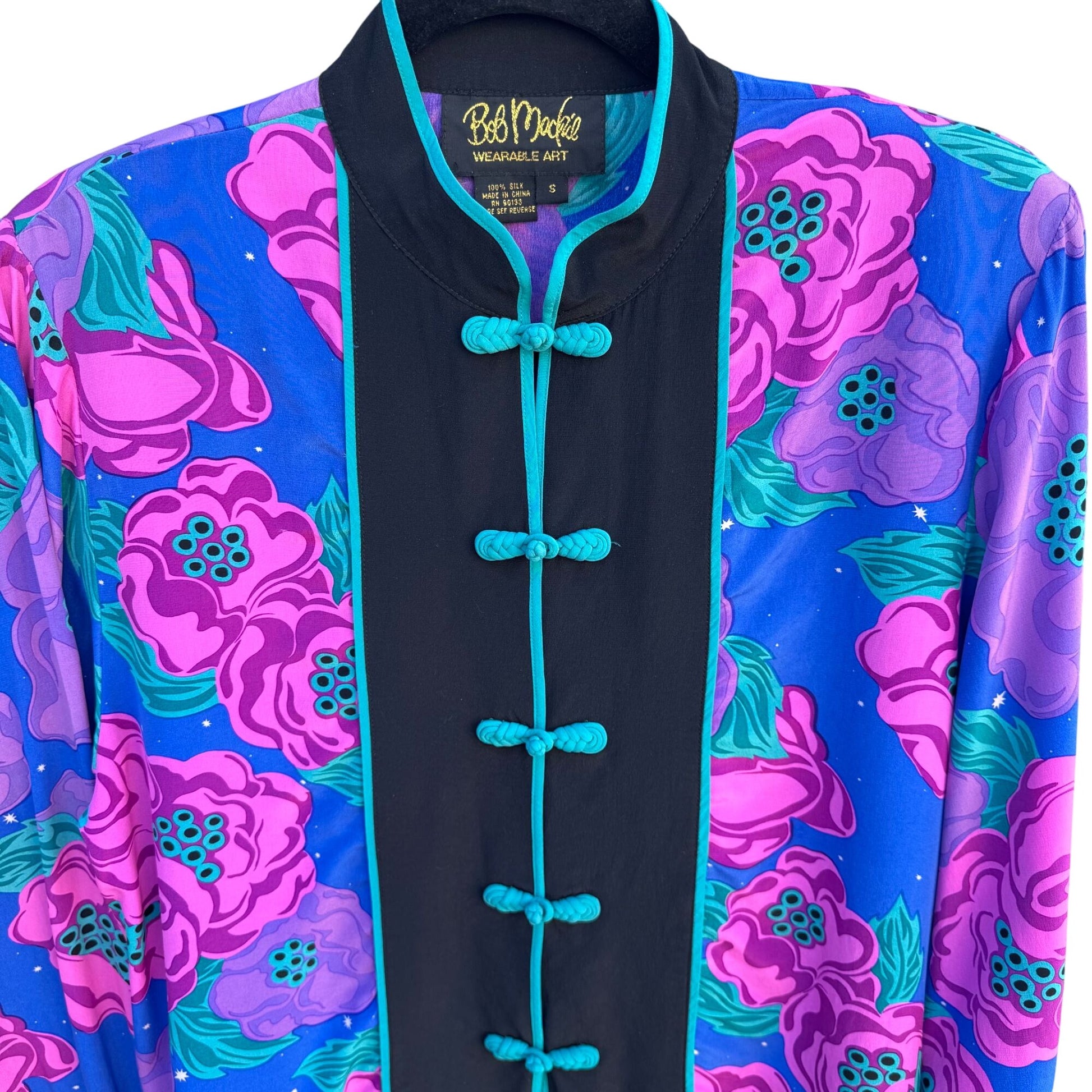 Bob Mackie Wearable Art Vintage Womens Silk Floral Frog Closure Kimono Jacket S