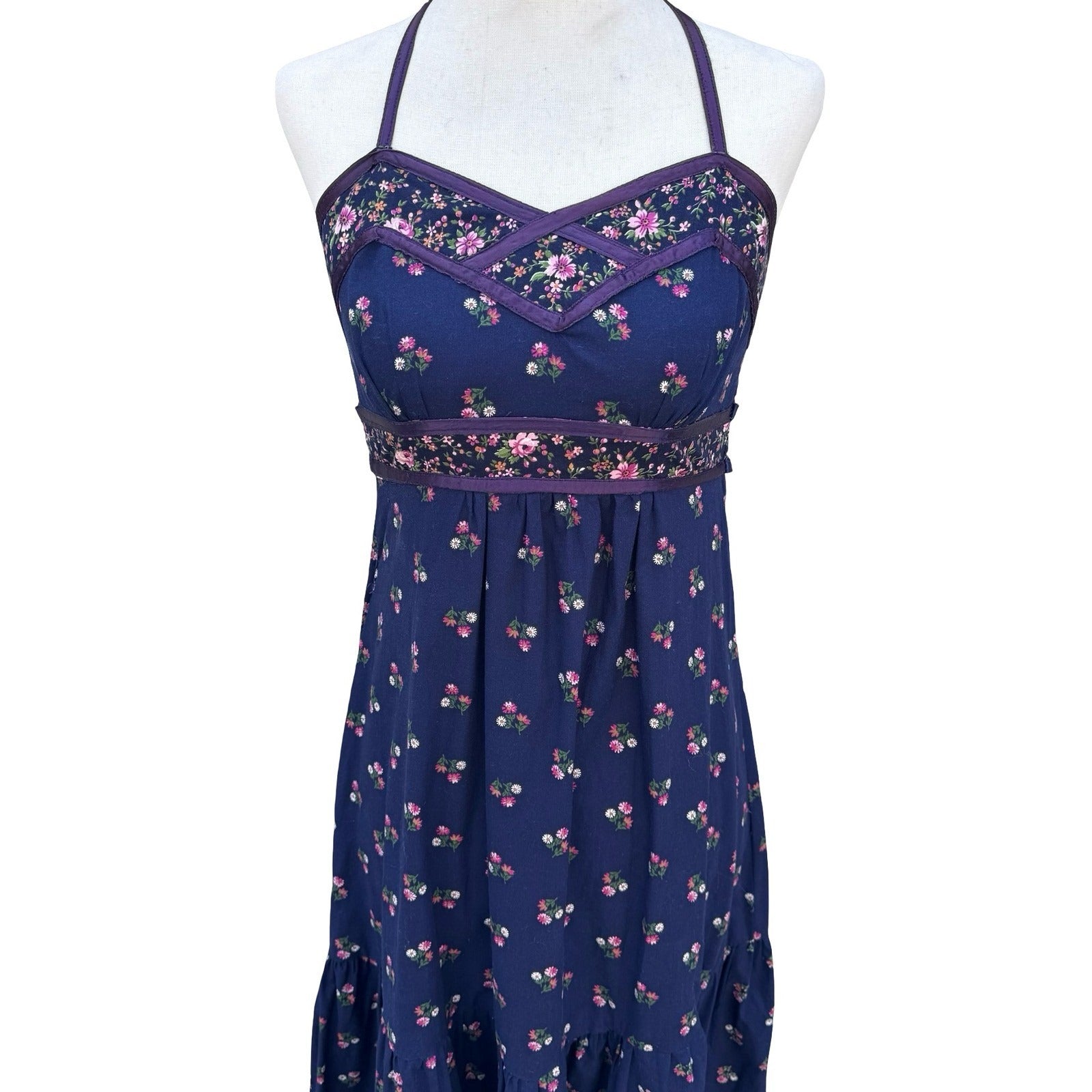 Phase Il Vintage California Navy Floral Cotton Tiered Halter Maxi Dress Smocked