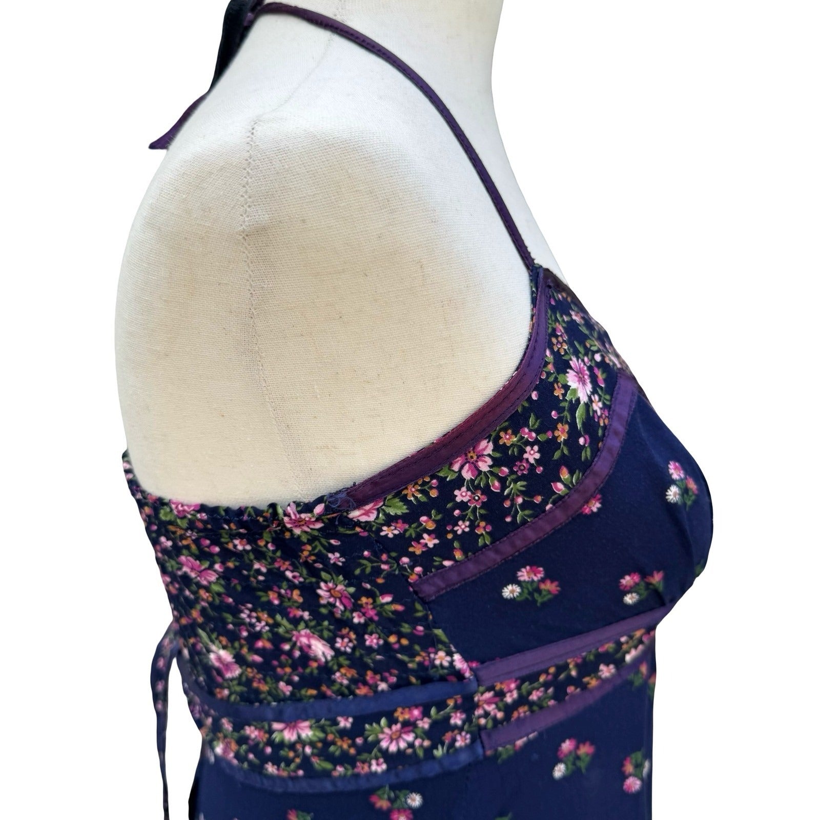 Phase Il Vintage California Navy Floral Cotton Tiered Halter Maxi Dress Smocked