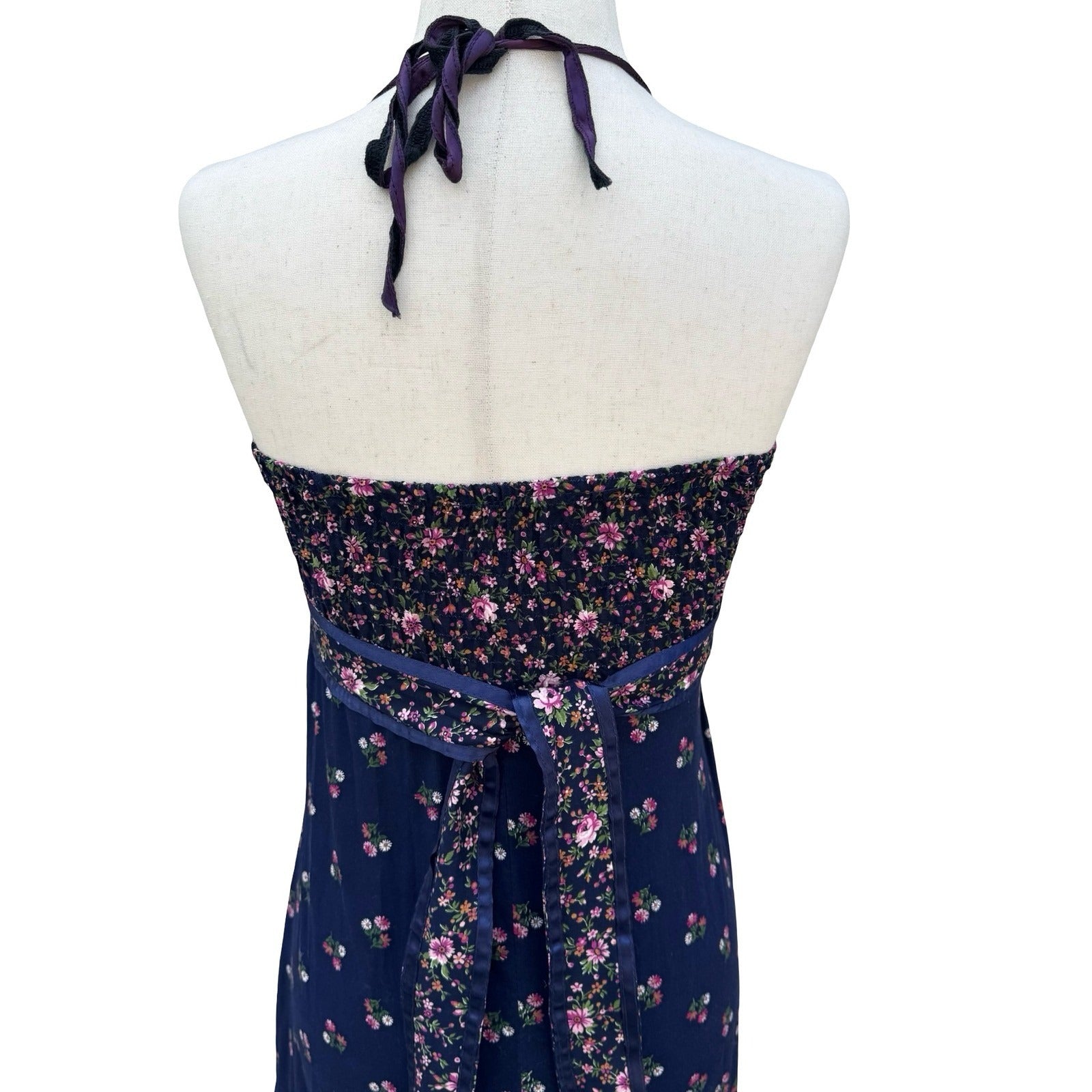 Phase Il Vintage California Navy Floral Cotton Tiered Halter Maxi Dress Smocked