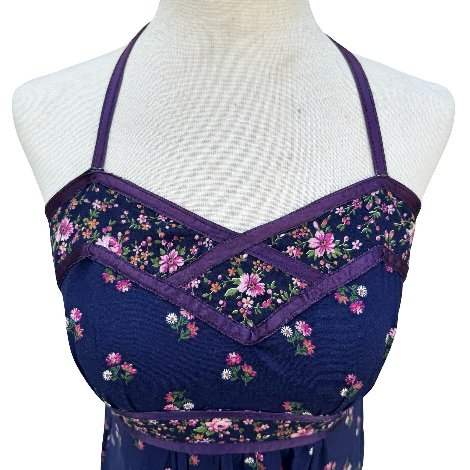Phase Il Vintage California Navy Floral Cotton Tiered Halter Maxi Dress Smocked