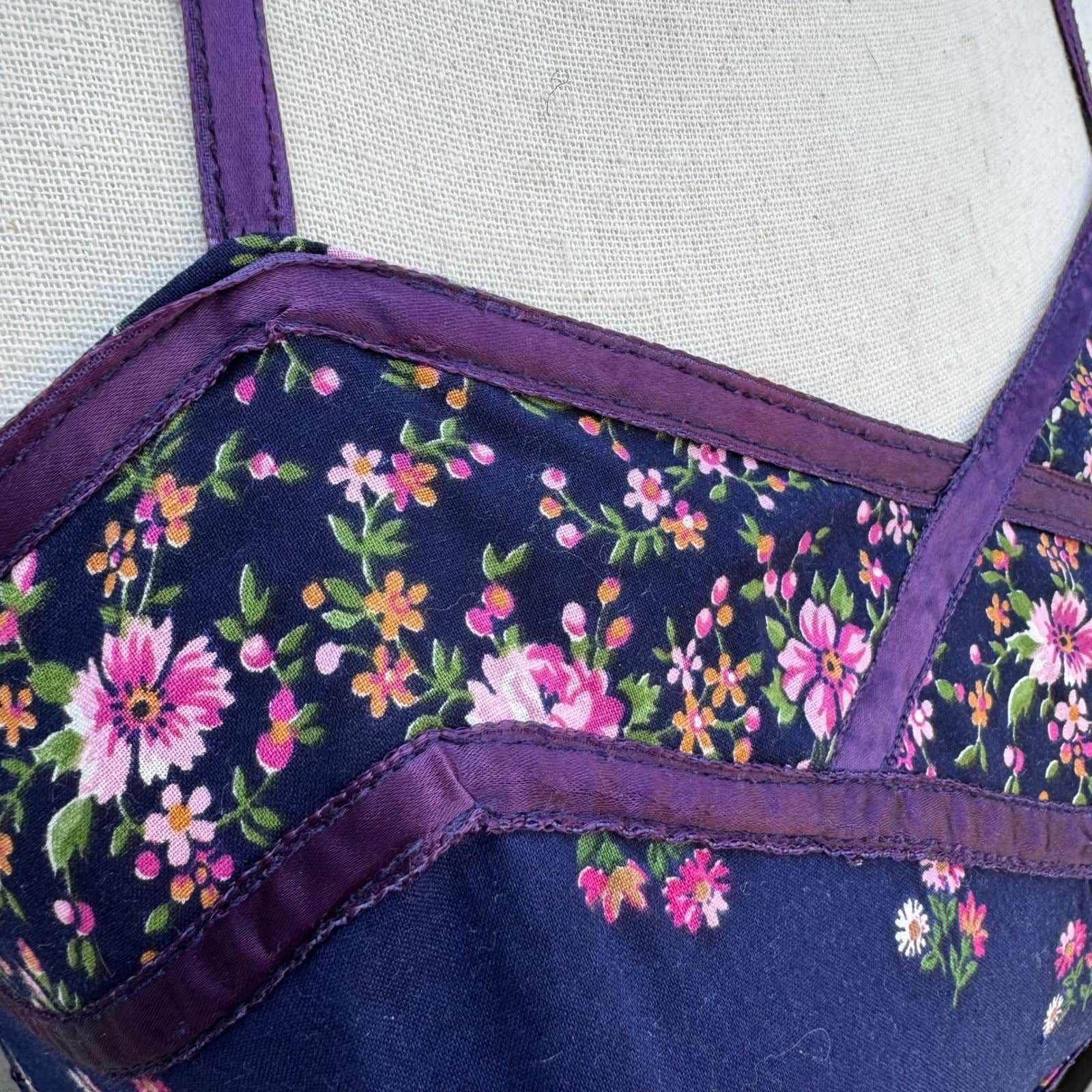 Phase Il Vintage California Navy Floral Cotton Tiered Halter Maxi Dress Smocked