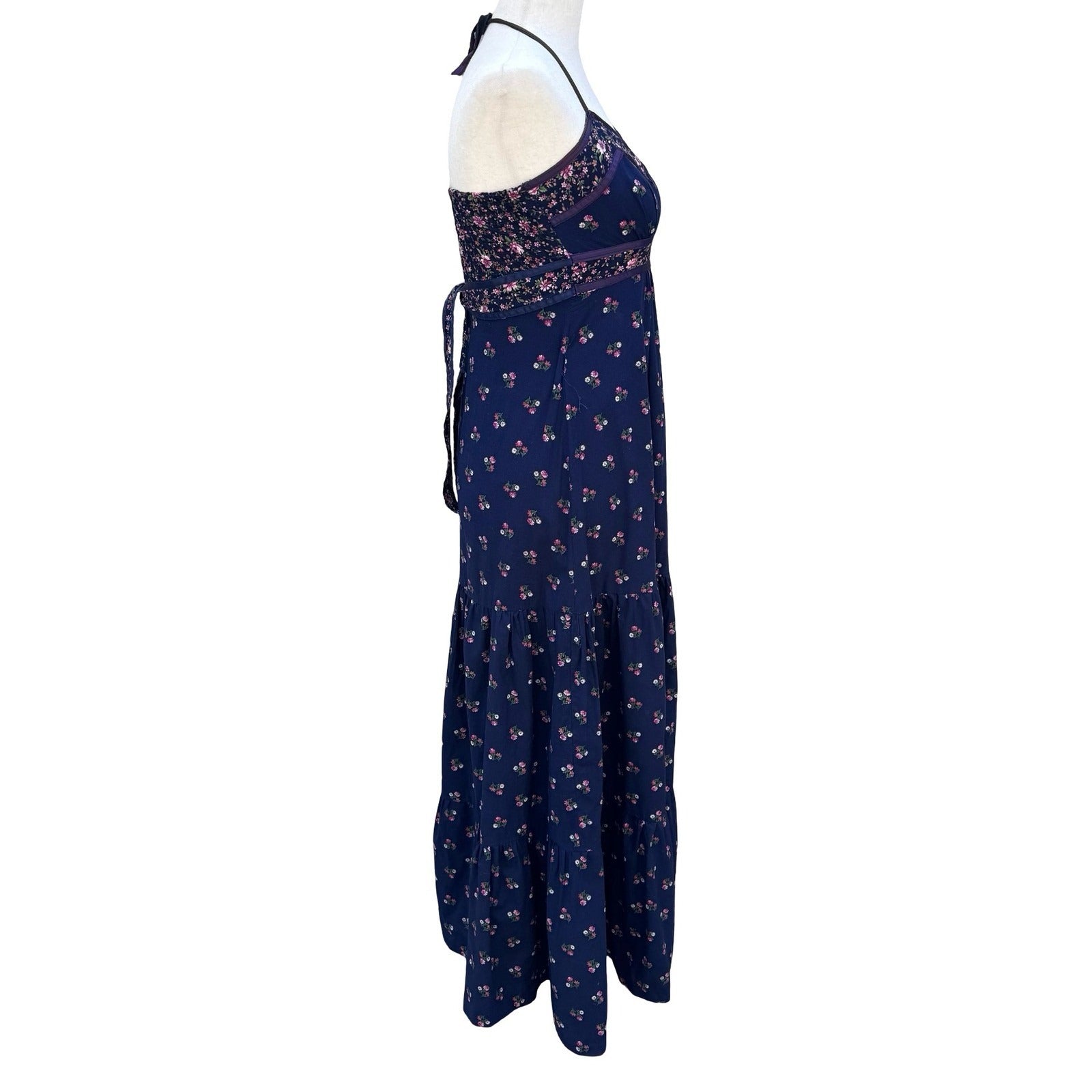 Phase Il Vintage California Navy Floral Cotton Tiered Halter Maxi Dress Smocked