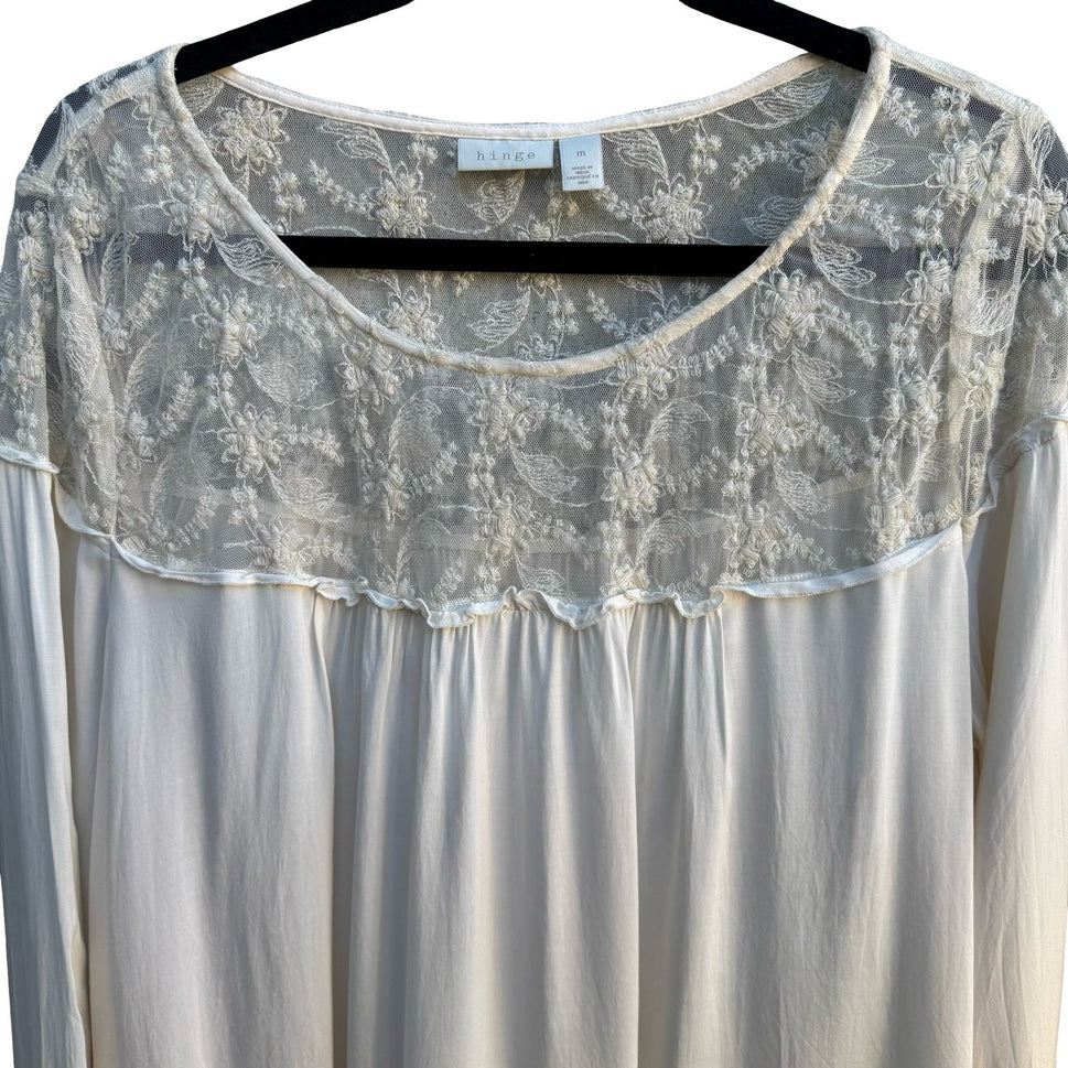 Hinge Boho Cottagecore Coquette Fairycore Floral Lace Embroidered Blouse Ivory M