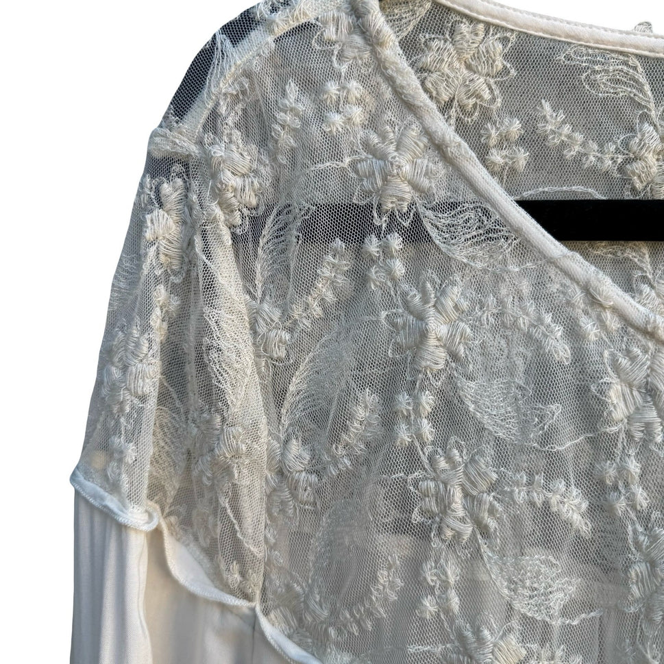 Hinge Boho Cottagecore Coquette Fairycore Floral Lace Embroidered Blouse Ivory M
