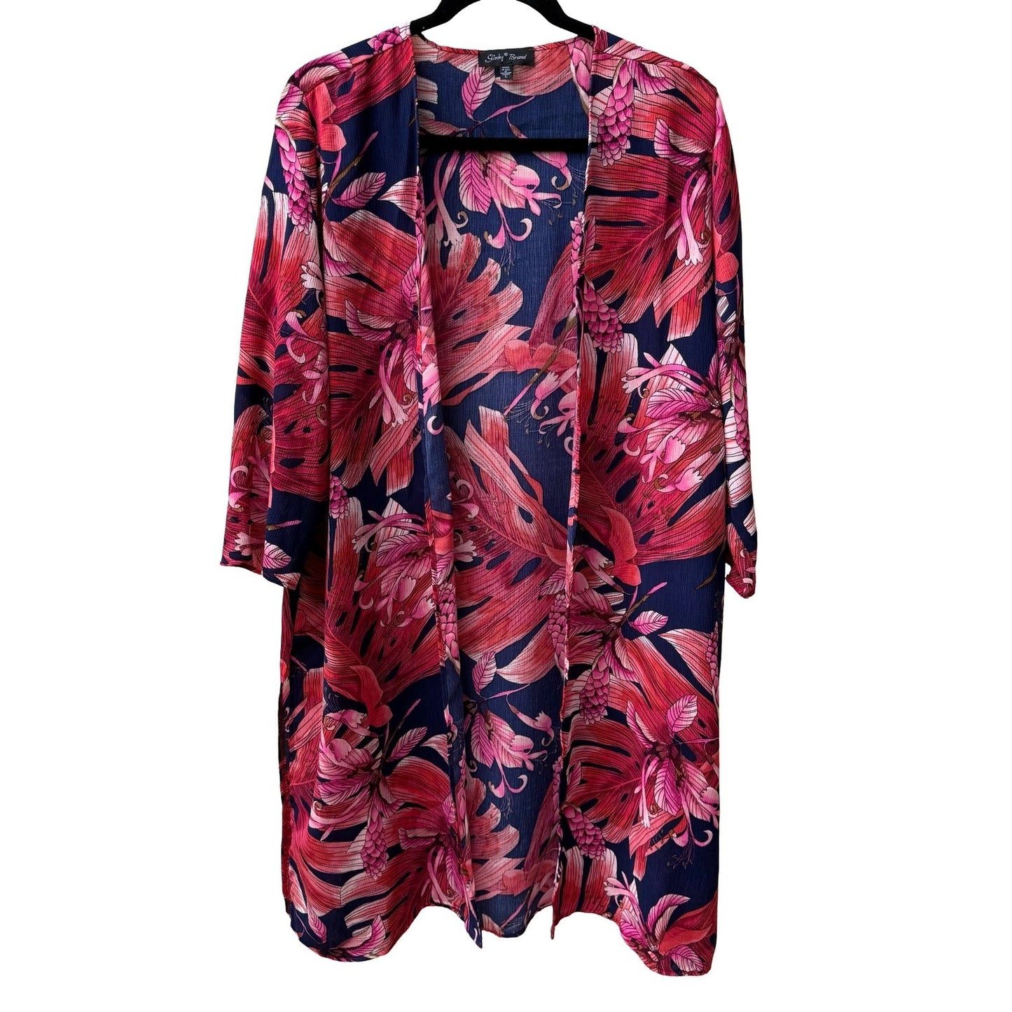 Slinky Brand Resortwear Boho Tropical Beachy Floral Open Front Duster Cardigan L