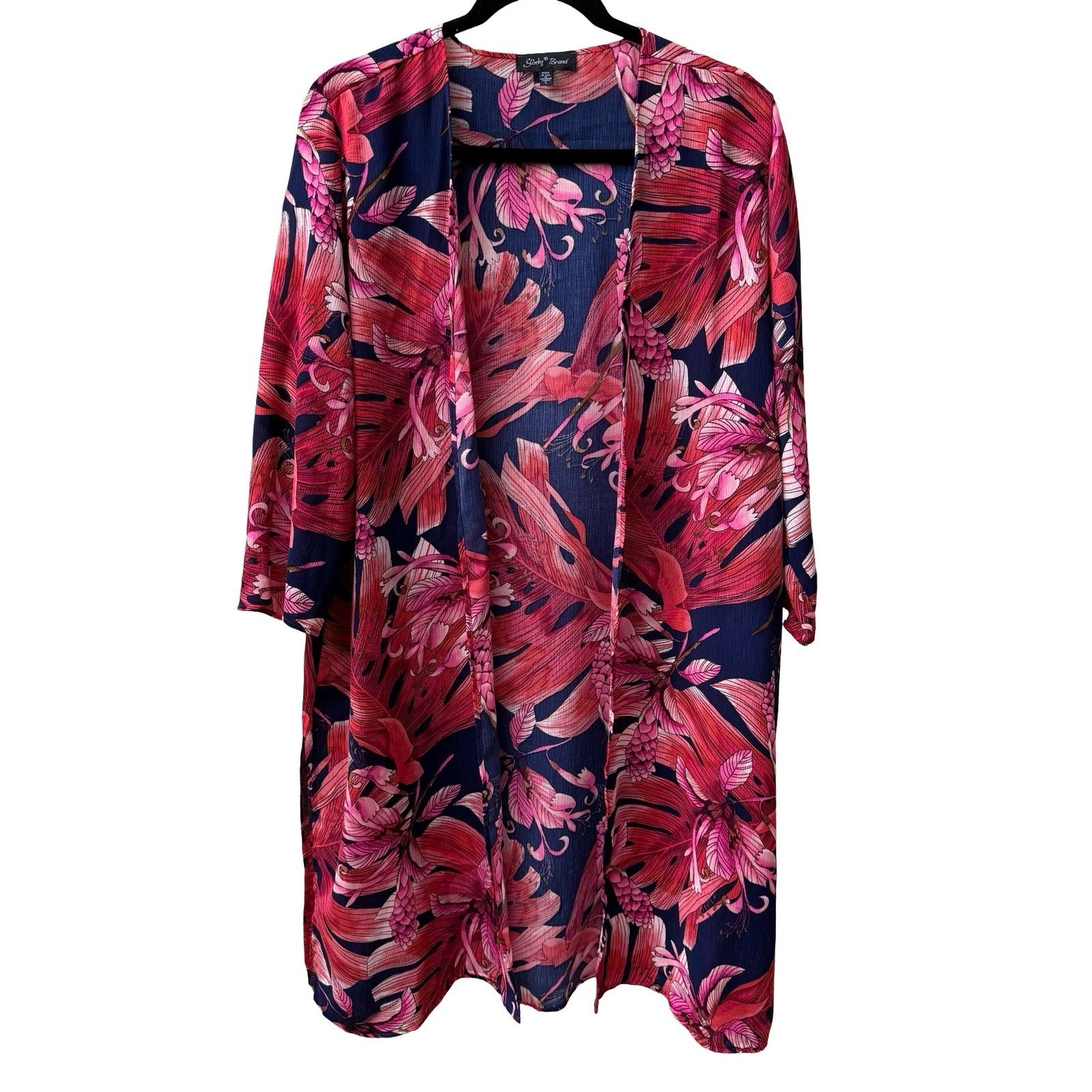 Slinky Brand Resortwear Boho Tropical Beachy Floral Open Front Duster Cardigan L