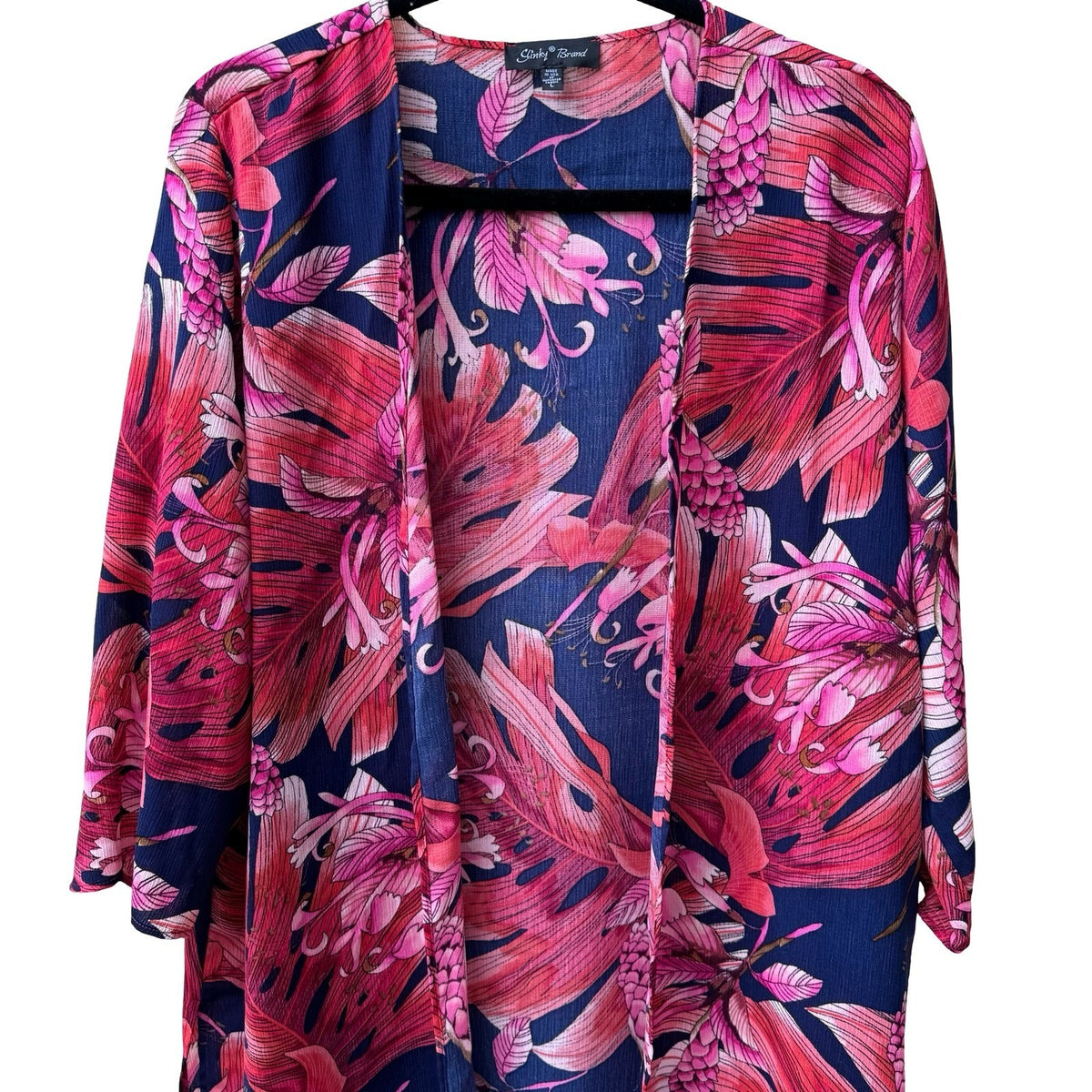 Slinky Brand Resortwear Boho Tropical Beachy Floral Open Front Duster Cardigan L