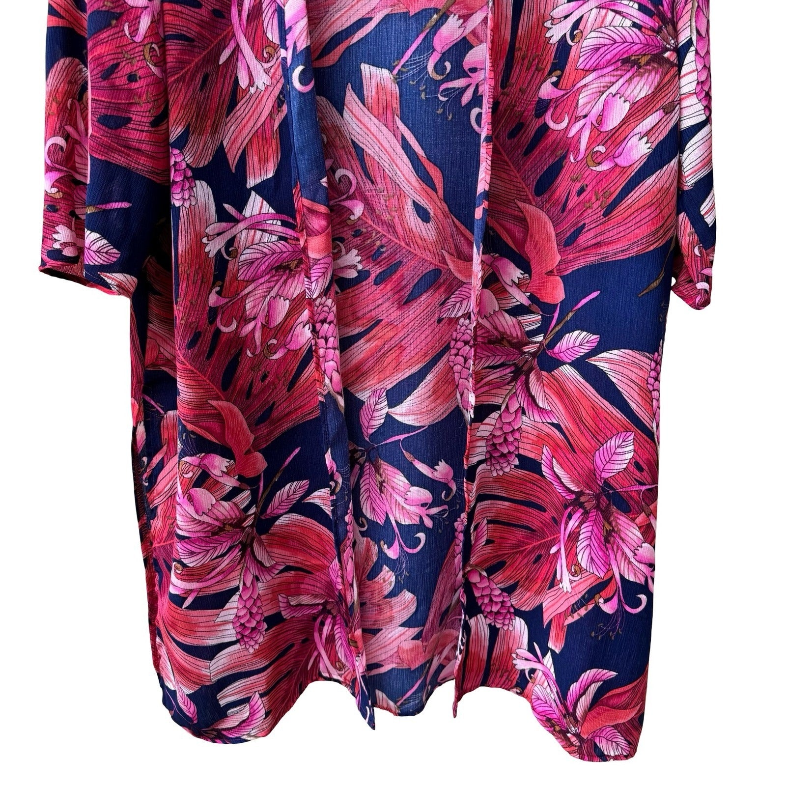 Slinky Brand Resortwear Boho Tropical Beachy Floral Open Front Duster Cardigan L