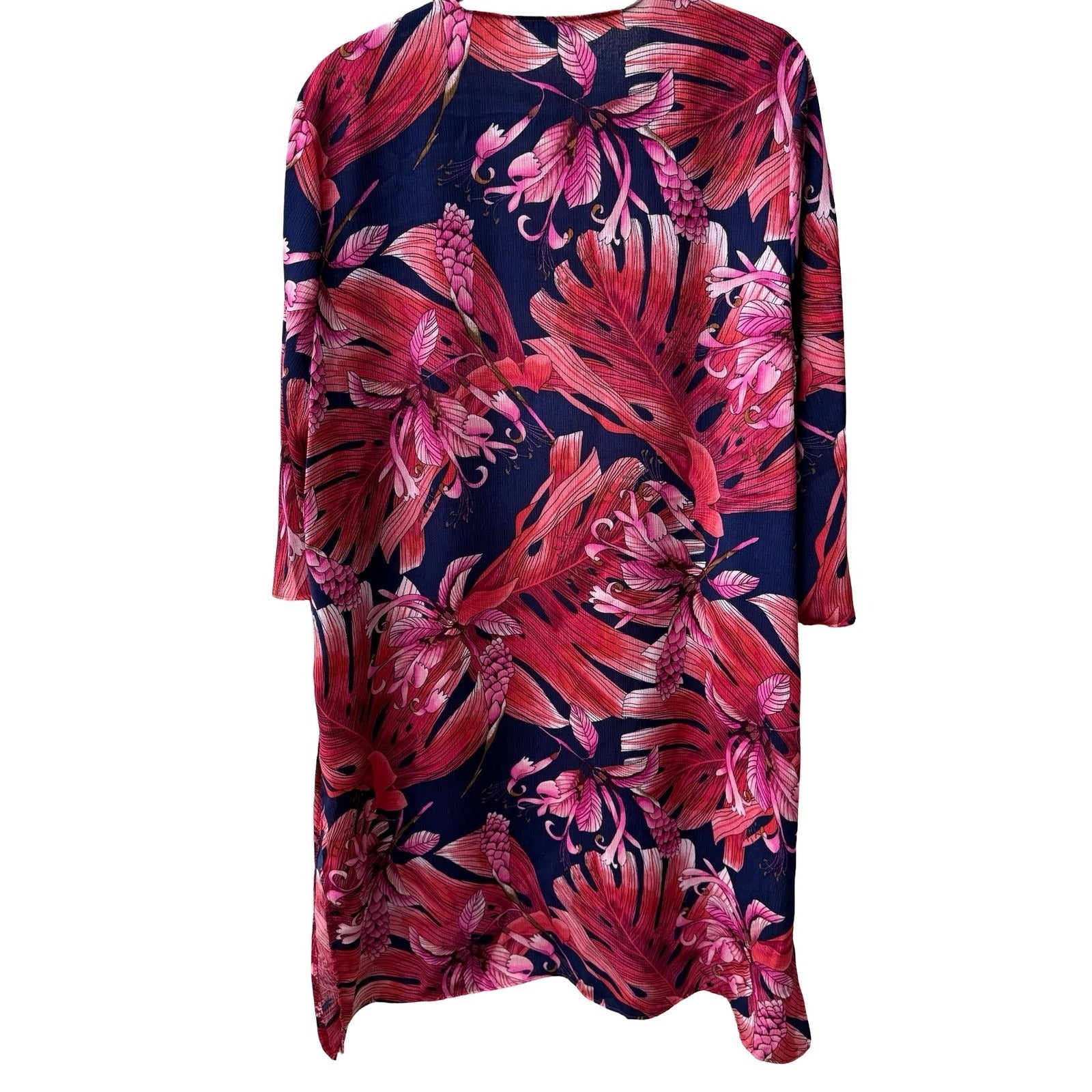 Slinky Brand Resortwear Boho Tropical Beachy Floral Open Front Duster Cardigan L