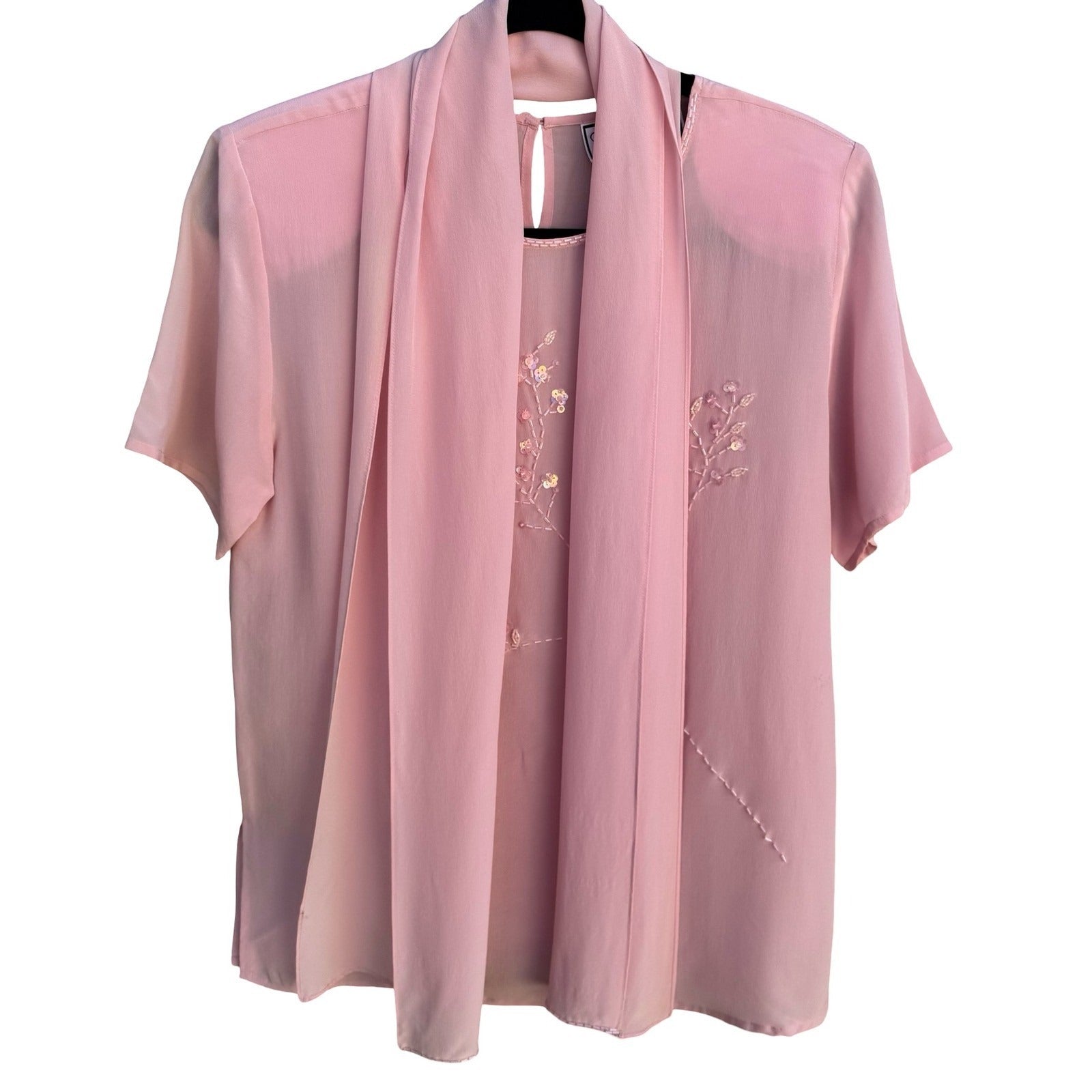 Diane Gilman Pink 100% Silk Beaded Floral Blouse Detachable Scarf Womens S NEW