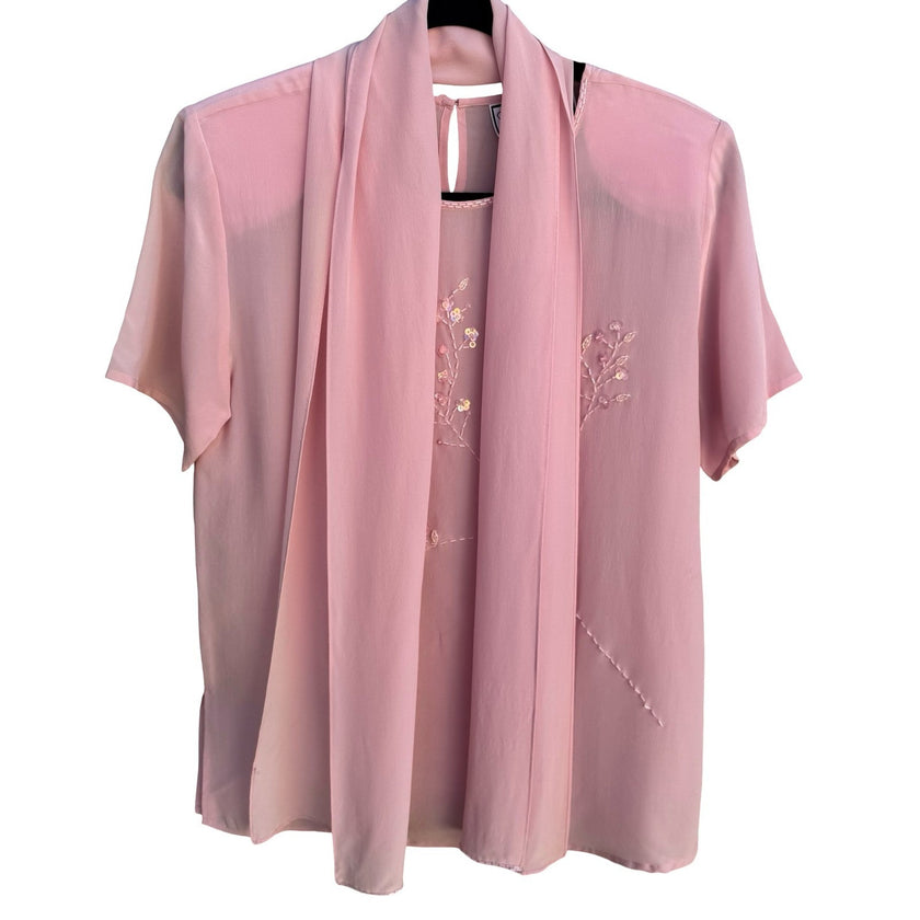 Diane Gilman Pink 100% Silk Beaded Floral Blouse Detachable Scarf Womens S NEW