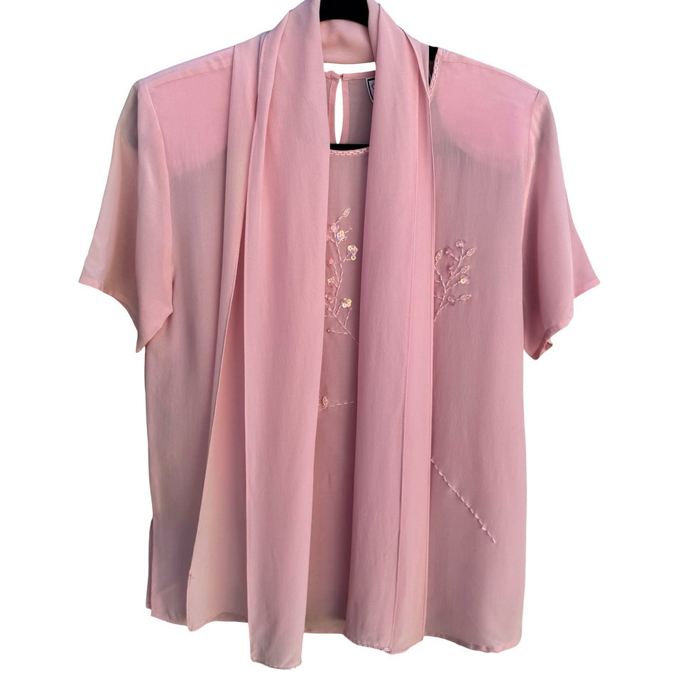 Diane Gilman Pink 100% Silk Beaded Floral Blouse Detachable Scarf Womens S NEW