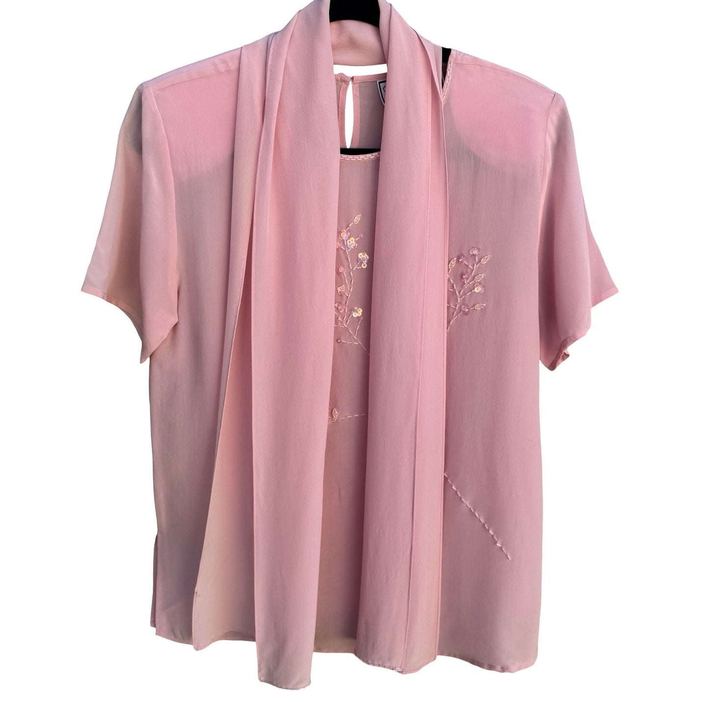 Diane Gilman Pink 100% Silk Beaded Floral Blouse Detachable Scarf Womens S NEW