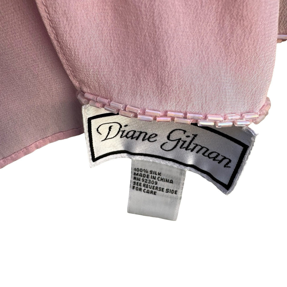 Diane Gilman Pink 100% Silk Beaded Floral Blouse Detachable Scarf Womens S NEW