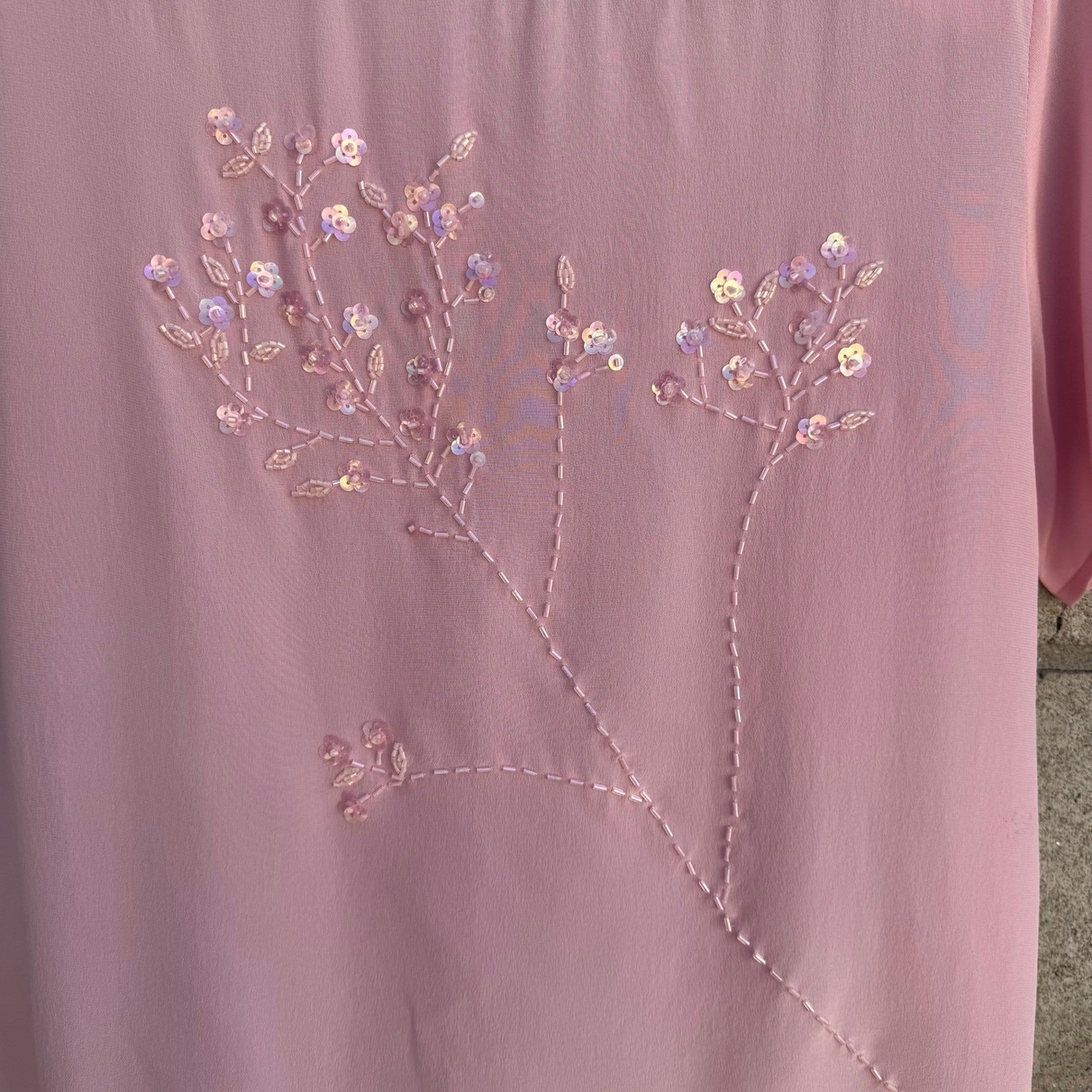 Diane Gilman Pink 100% Silk Beaded Floral Blouse Detachable Scarf Womens S NEW