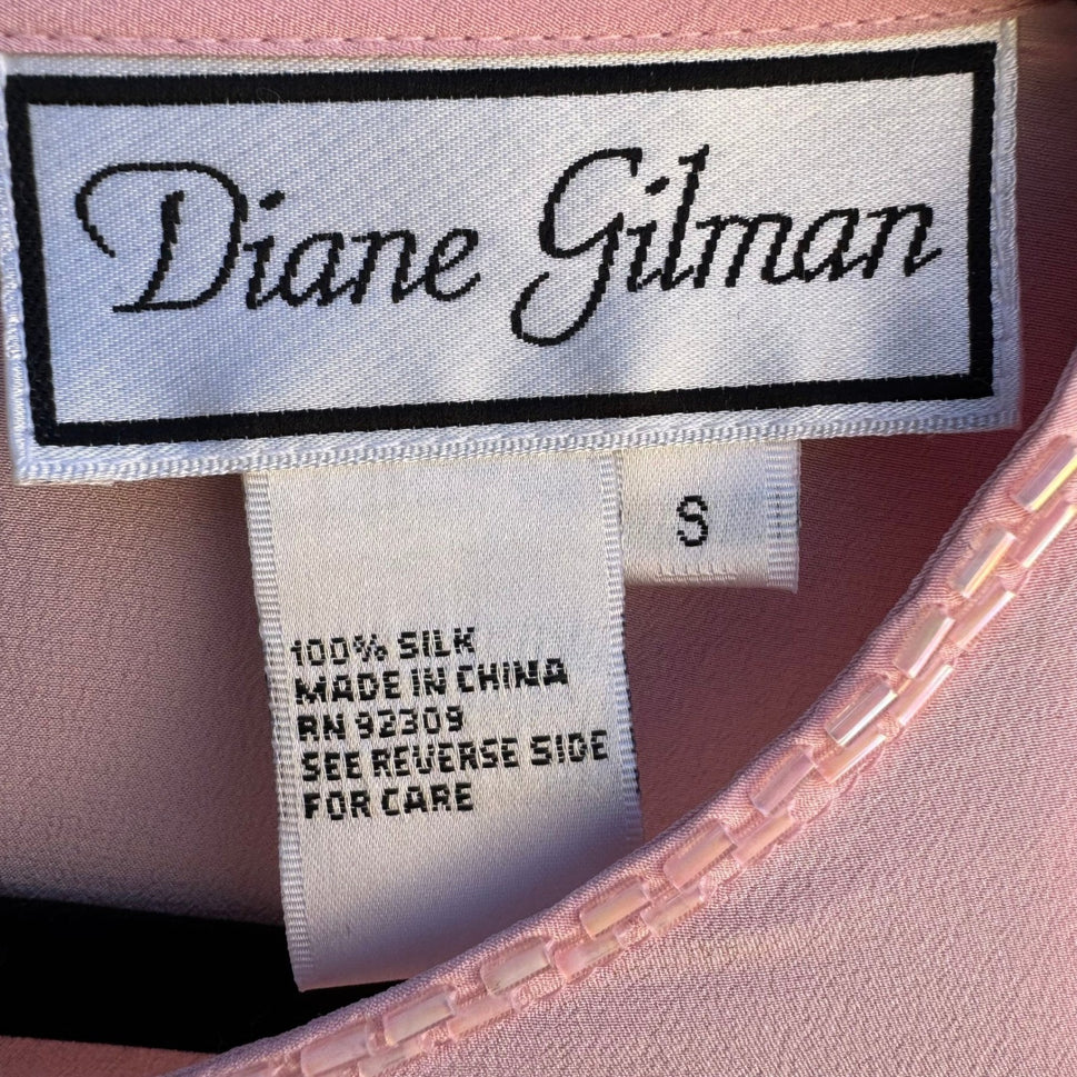 Diane Gilman Pink 100% Silk Beaded Floral Blouse Detachable Scarf Womens S NEW
