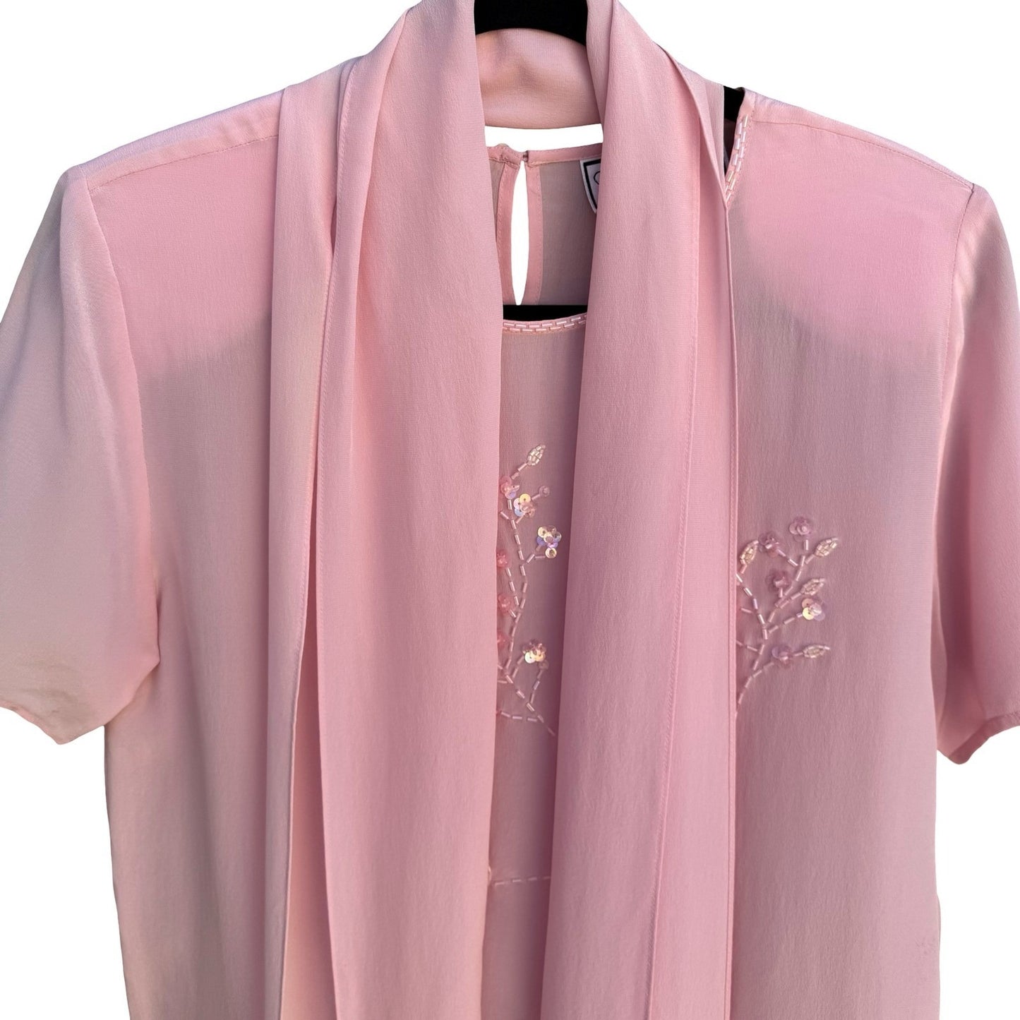 Diane Gilman Pink 100% Silk Beaded Floral Blouse Detachable Scarf Womens S NEW