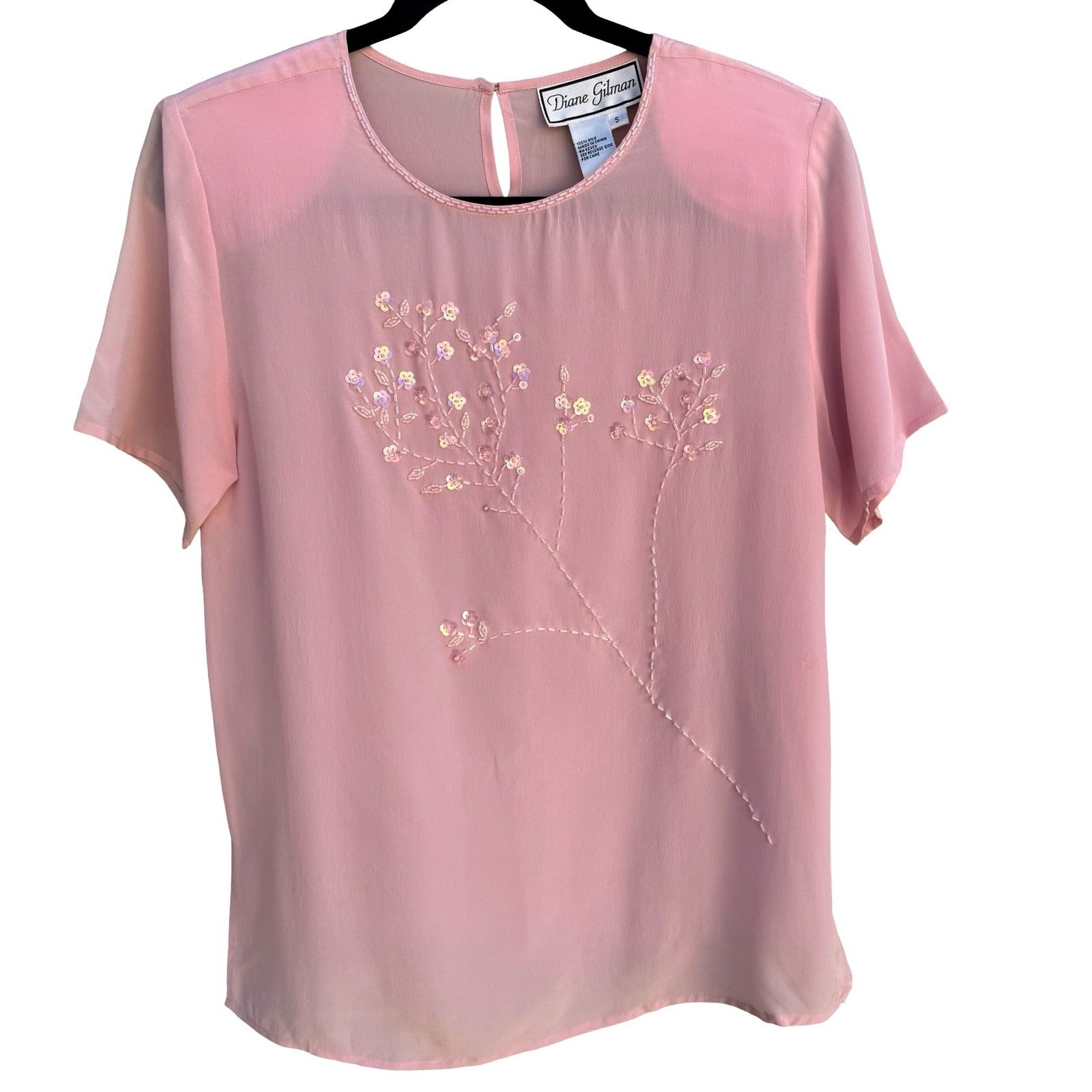 Diane Gilman Pink 100% Silk Beaded Floral Blouse Detachable Scarf Womens S NEW