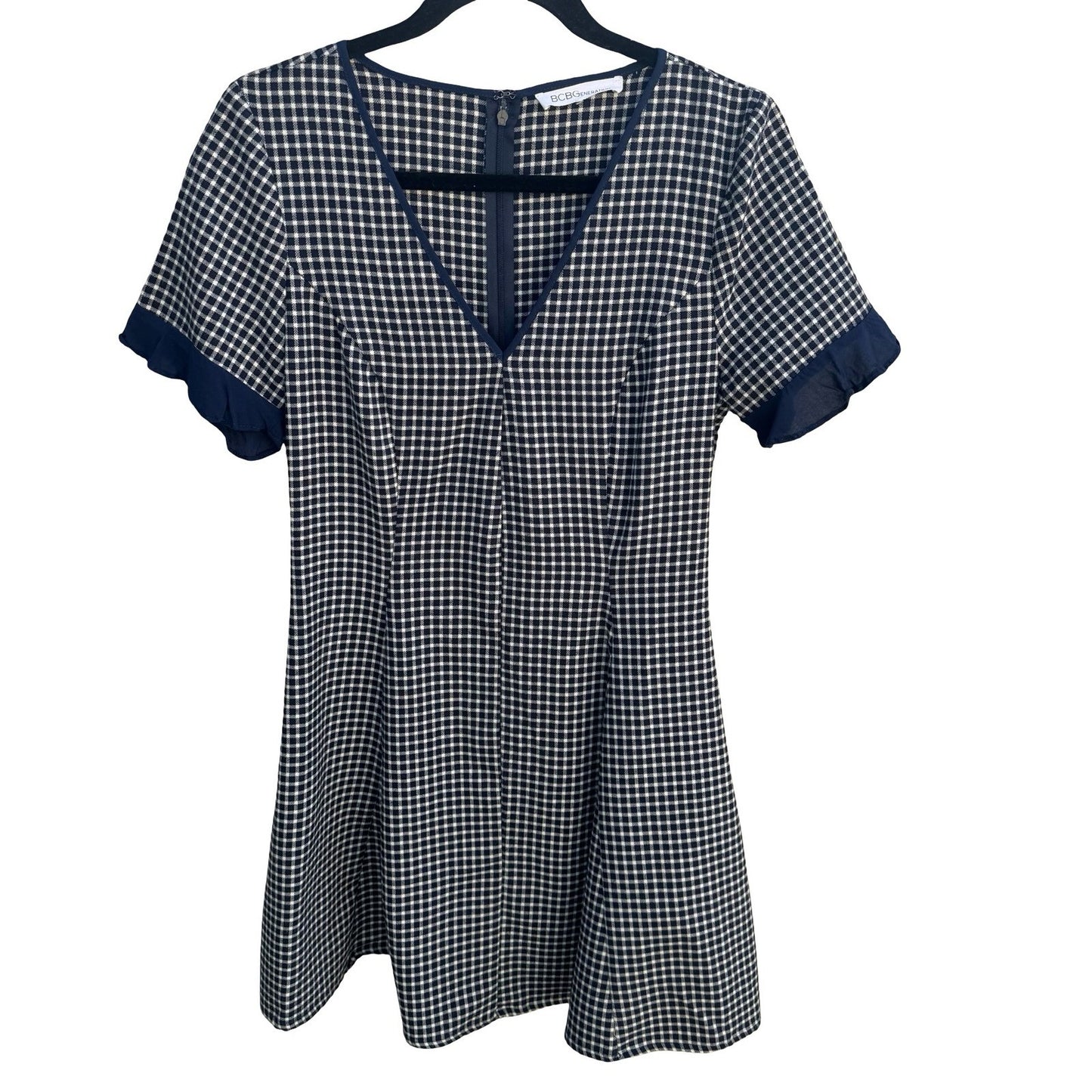 BCBGeneration Y2K Navy Blue White Gingham V-Neck Ruffle Sleeve Mini Dress Size 8