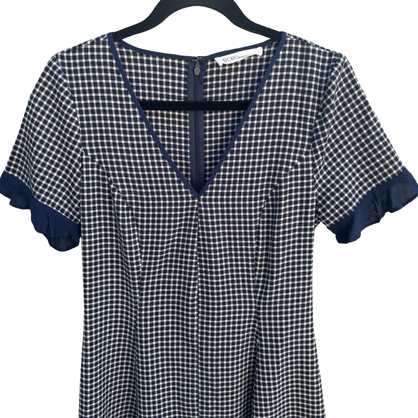 BCBGeneration Y2K Navy Blue White Gingham V-Neck Ruffle Sleeve Mini Dress Size 8