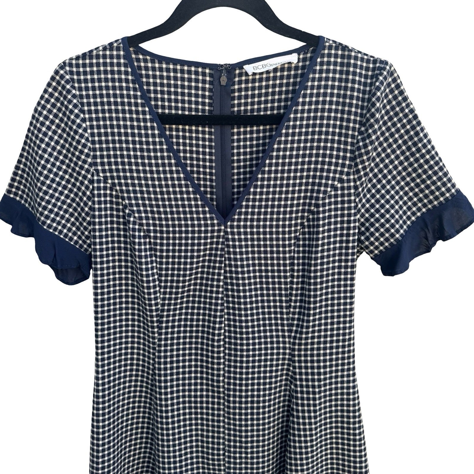 BCBGeneration Y2K Navy Blue White Gingham V-Neck Ruffle Sleeve Mini Dress Size 8