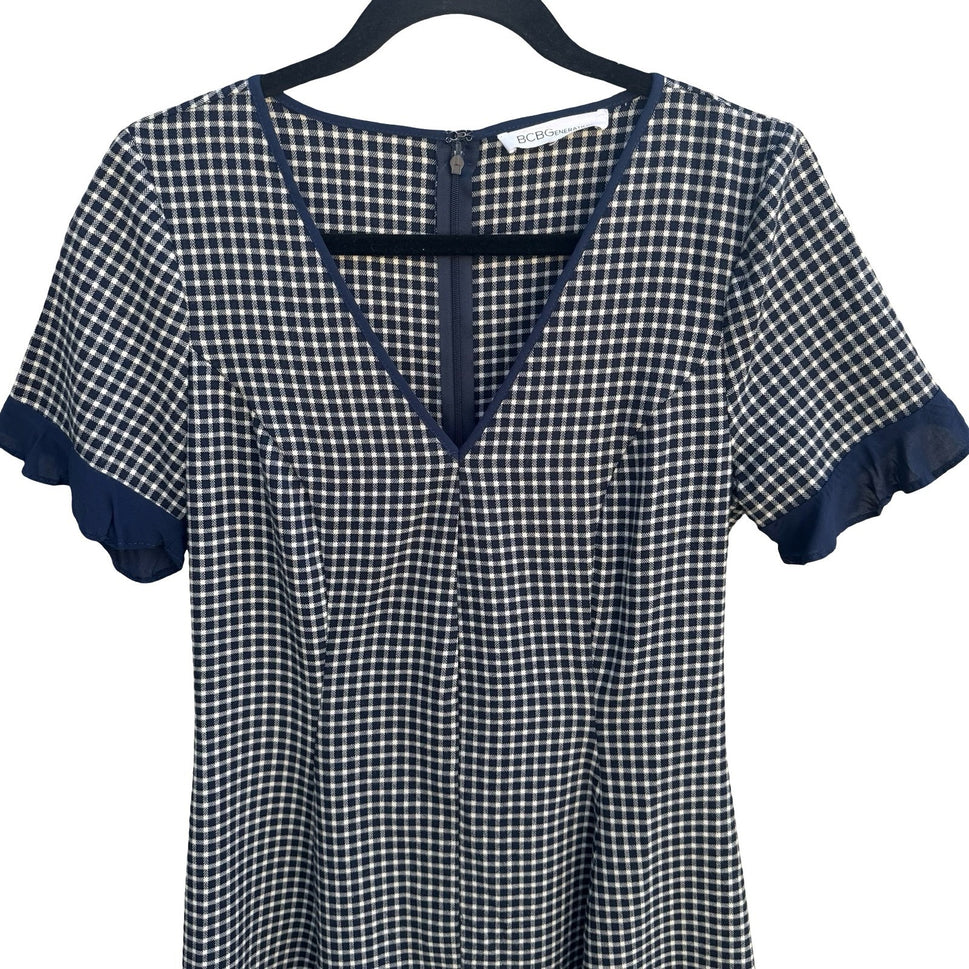 BCBGeneration Y2K Navy Blue White Gingham V-Neck Ruffle Sleeve Mini Dress Size 8