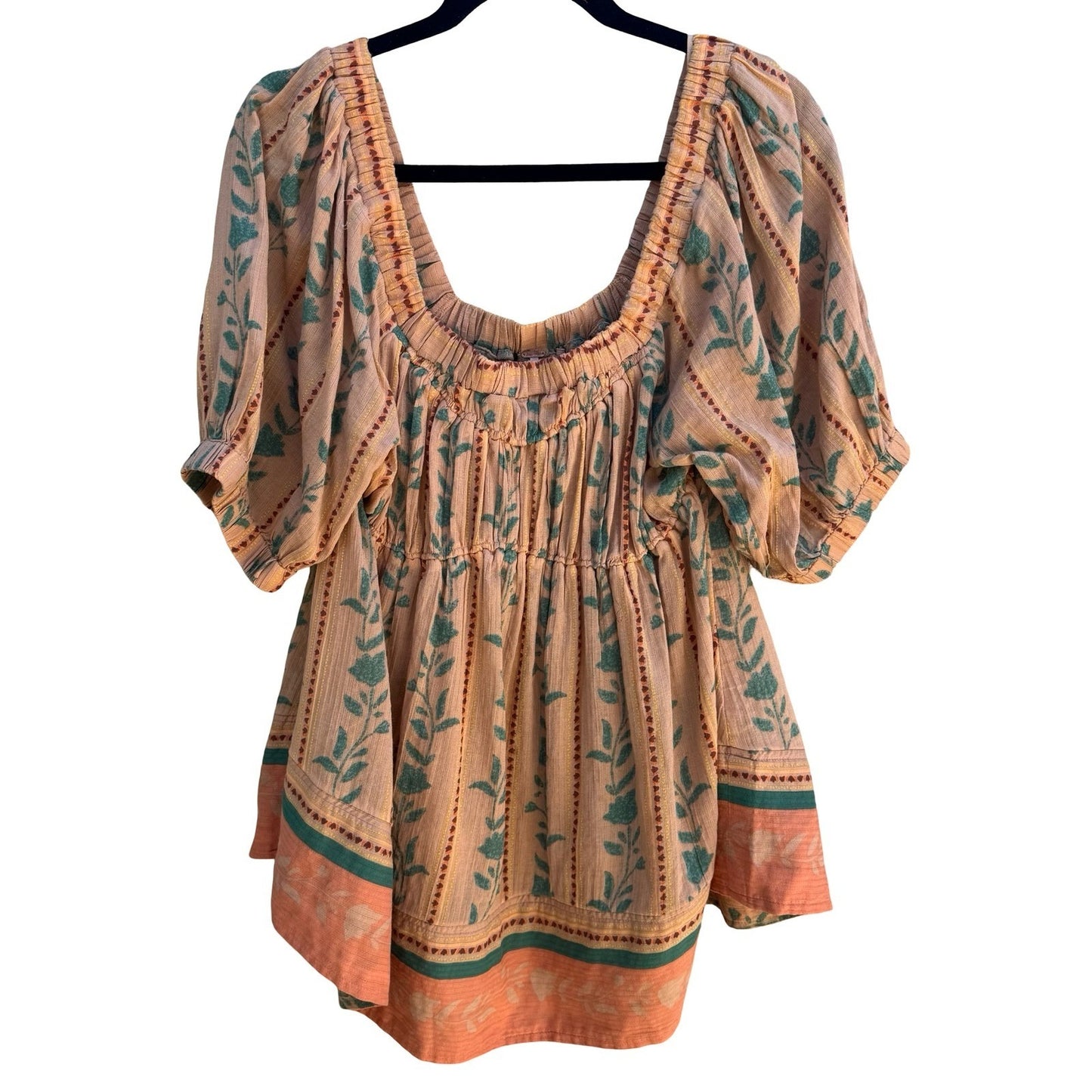 Free People Santorini Tunic Boho Cottage Floral Smocked Babydoll Gauze Peasant M