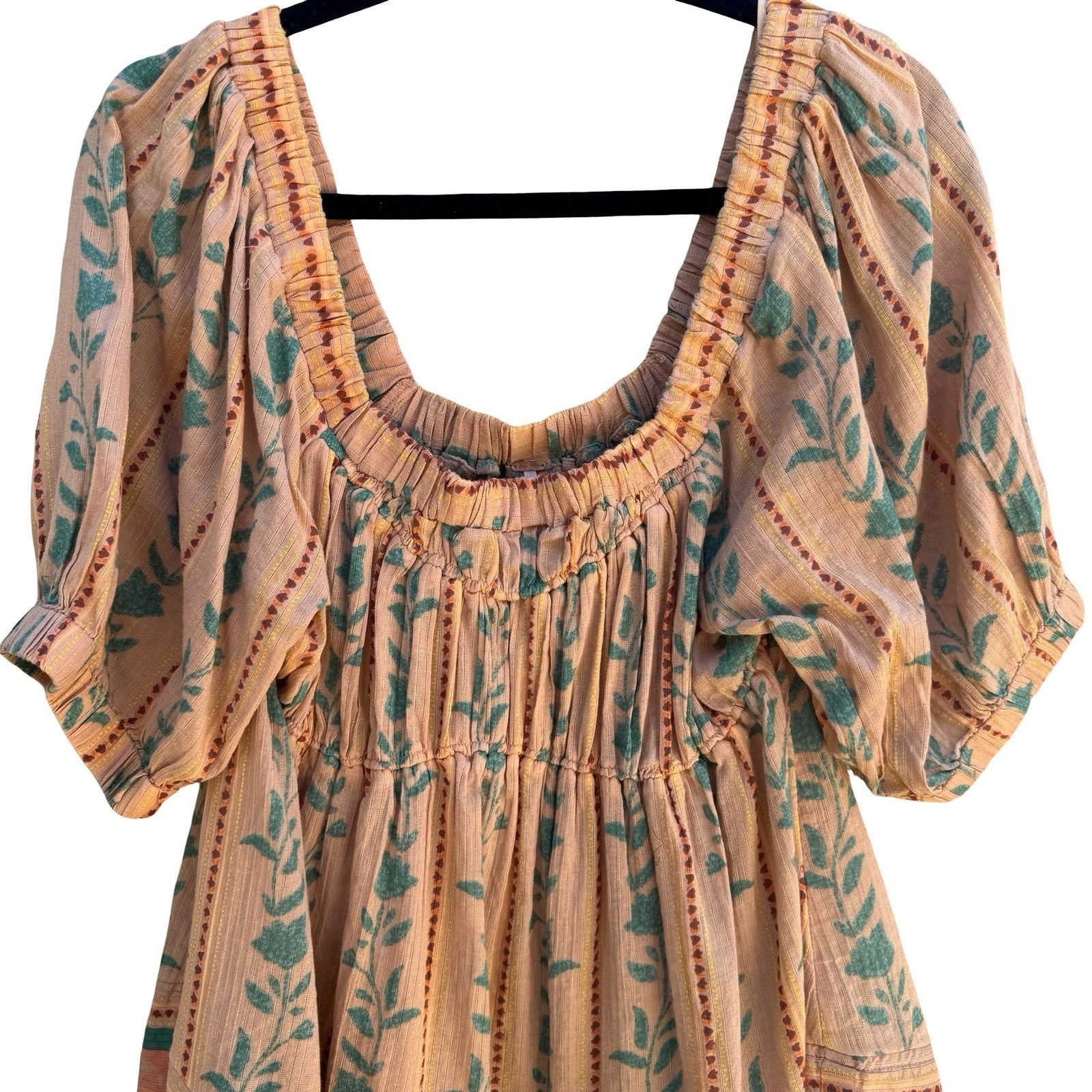 Free People Santorini Tunic Boho Cottage Floral Smocked Babydoll Gauze Peasant M