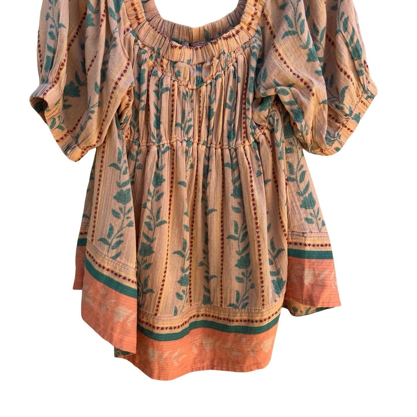 Free People Santorini Tunic Boho Cottage Floral Smocked Babydoll Gauze Peasant M