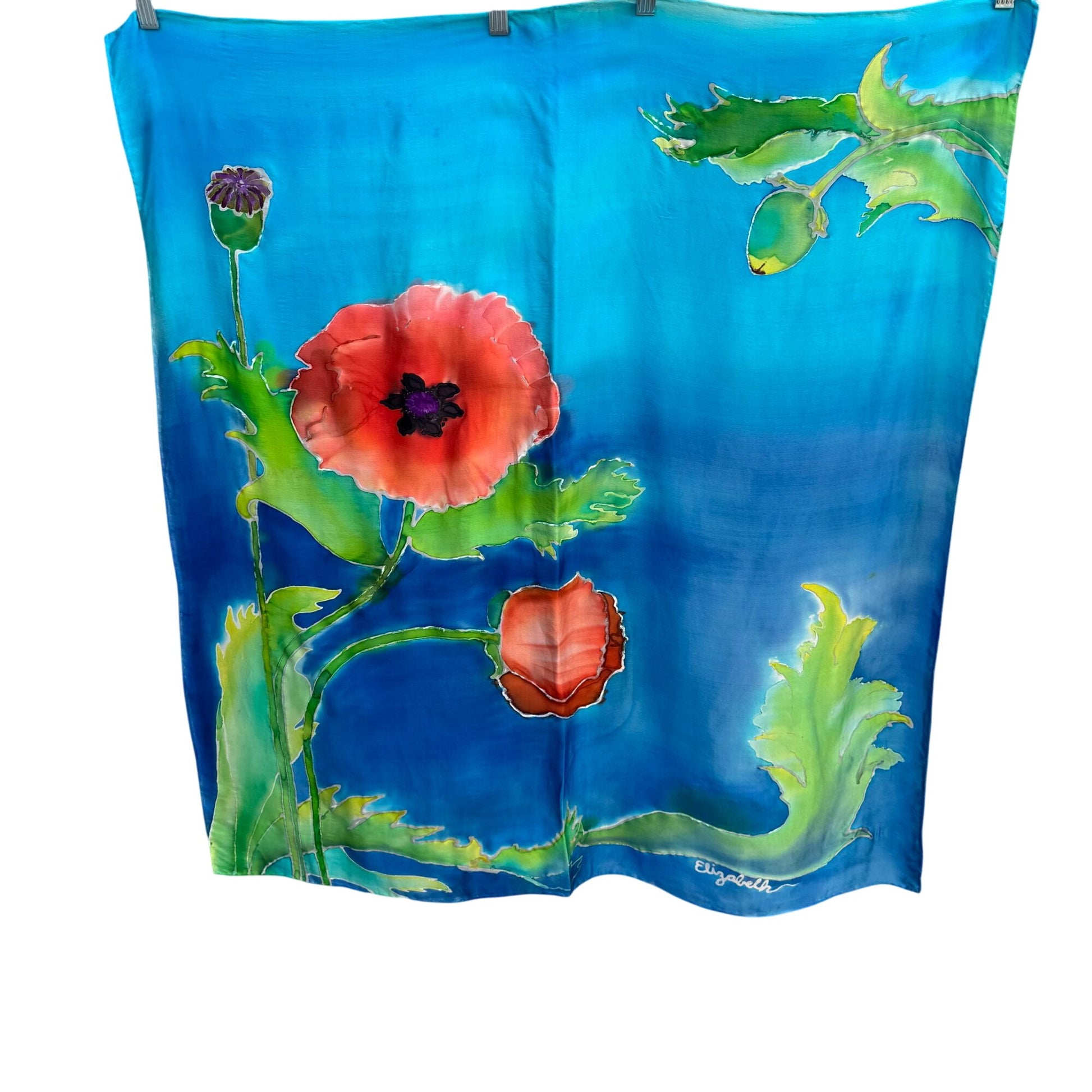 Elizabeth Hand Painted Hand Sewn Silk Bold Floral Poppy Watercolor Scarf Wrap