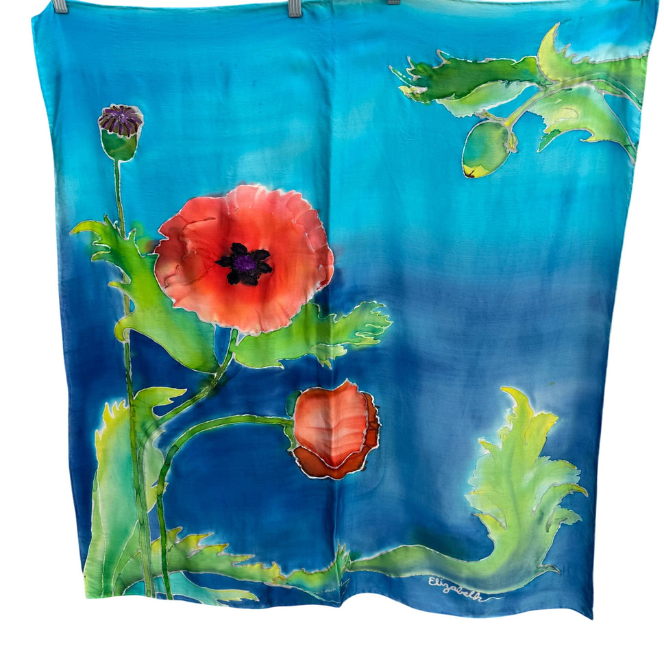 Elizabeth Hand Painted Hand Sewn Silk Bold Floral Poppy Watercolor Scarf Wrap