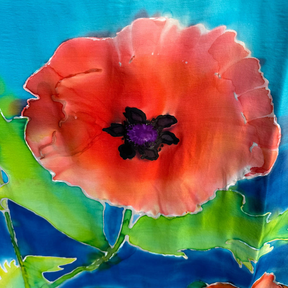 Elizabeth Hand Painted Hand Sewn Silk Bold Floral Poppy Watercolor Scarf Wrap