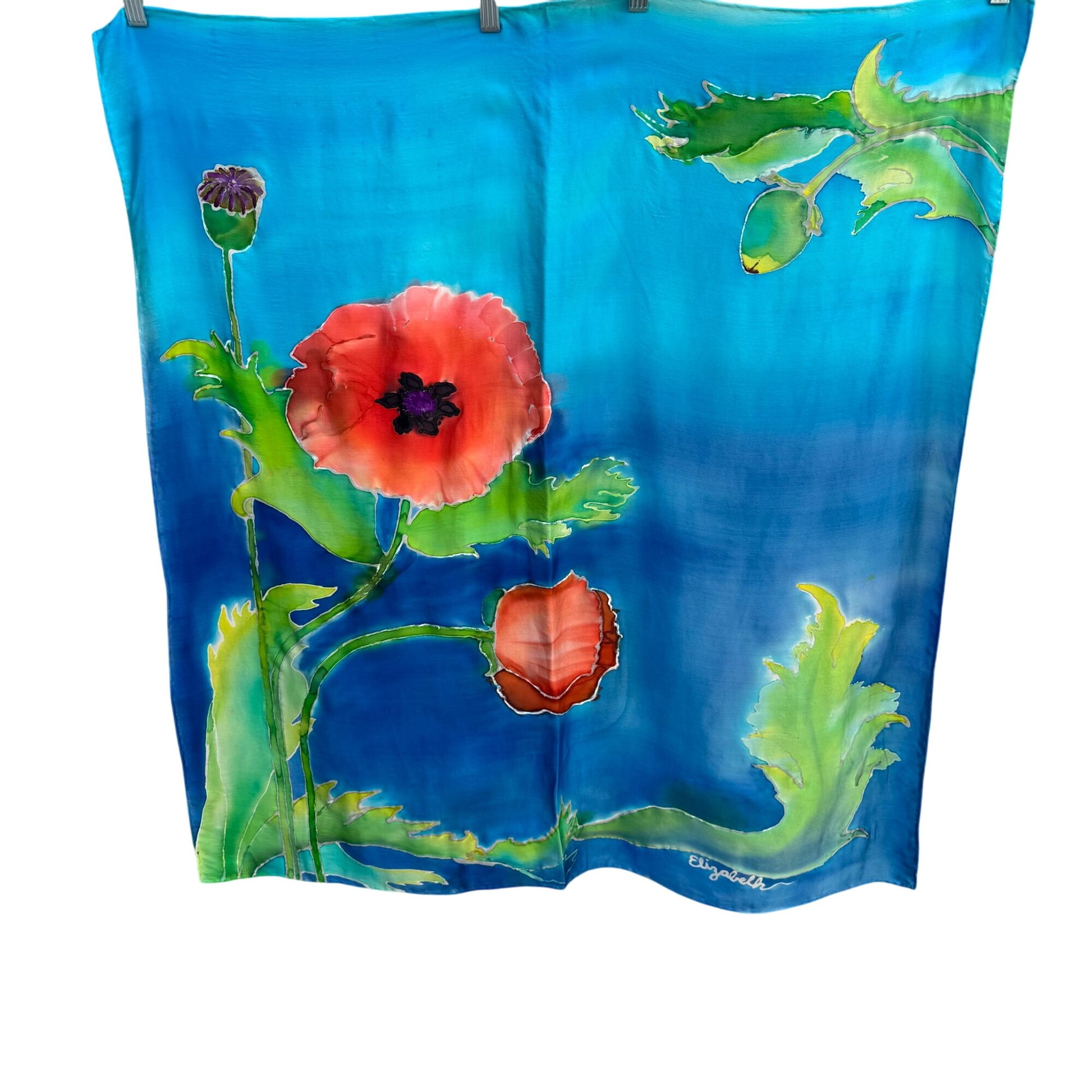 Elizabeth Hand Painted Hand Sewn Silk Bold Floral Poppy Watercolor Scarf Wrap