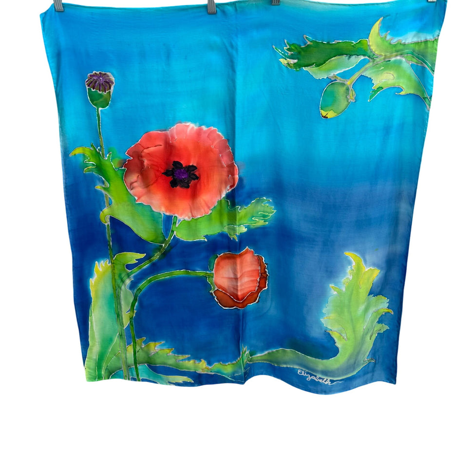 Elizabeth Hand Painted Hand Sewn Silk Bold Floral Poppy Watercolor Scarf Wrap