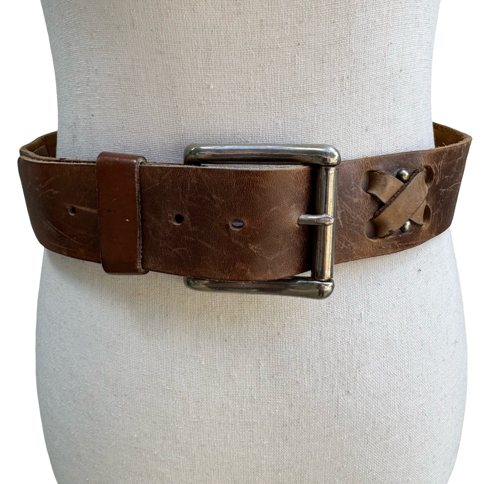 Vintage Handmade Brown Distressed Leather Belt Wide Criss Cross Studded Buckle L