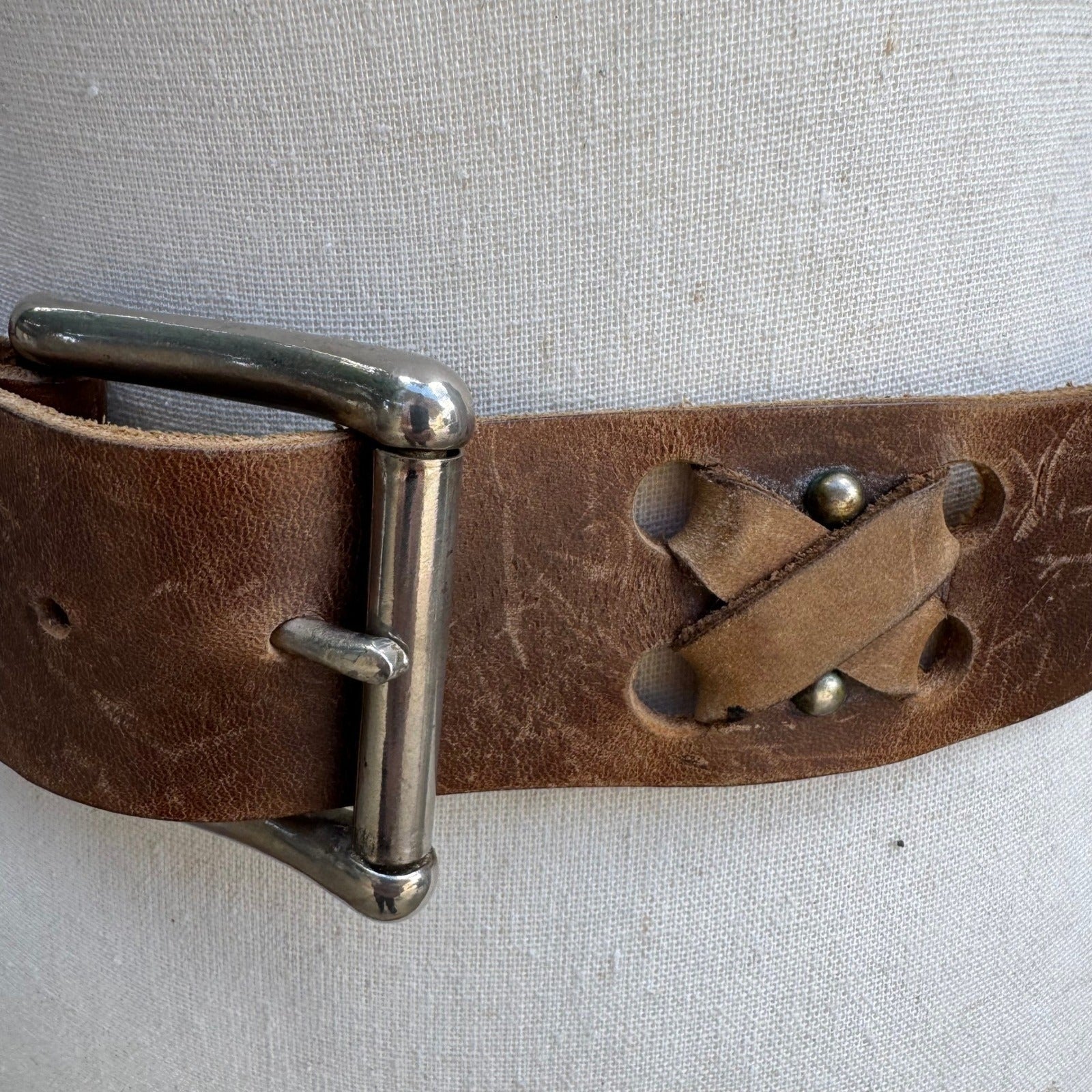 Vintage Handmade Brown Distressed Leather Belt Wide Criss Cross Studded Buckle L