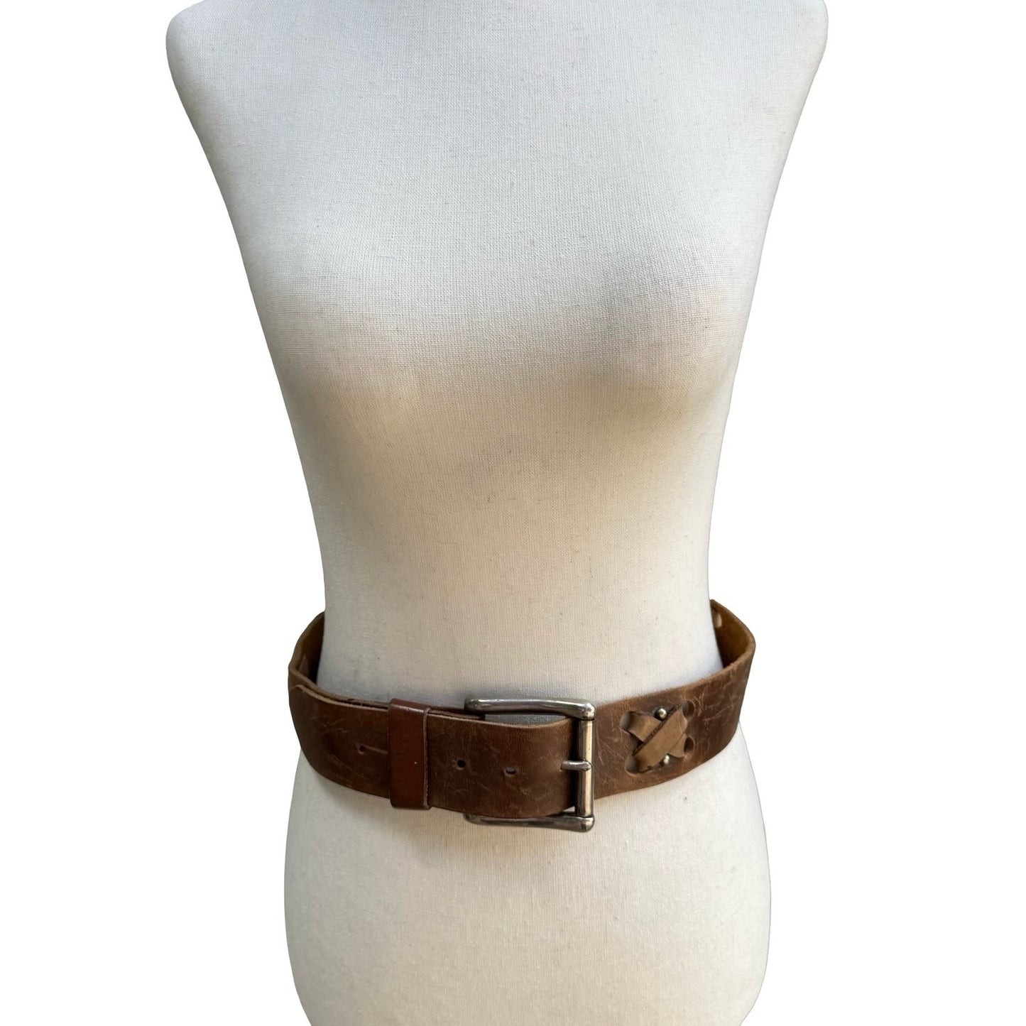 Vintage Handmade Brown Distressed Leather Belt Wide Criss Cross Studded Buckle L