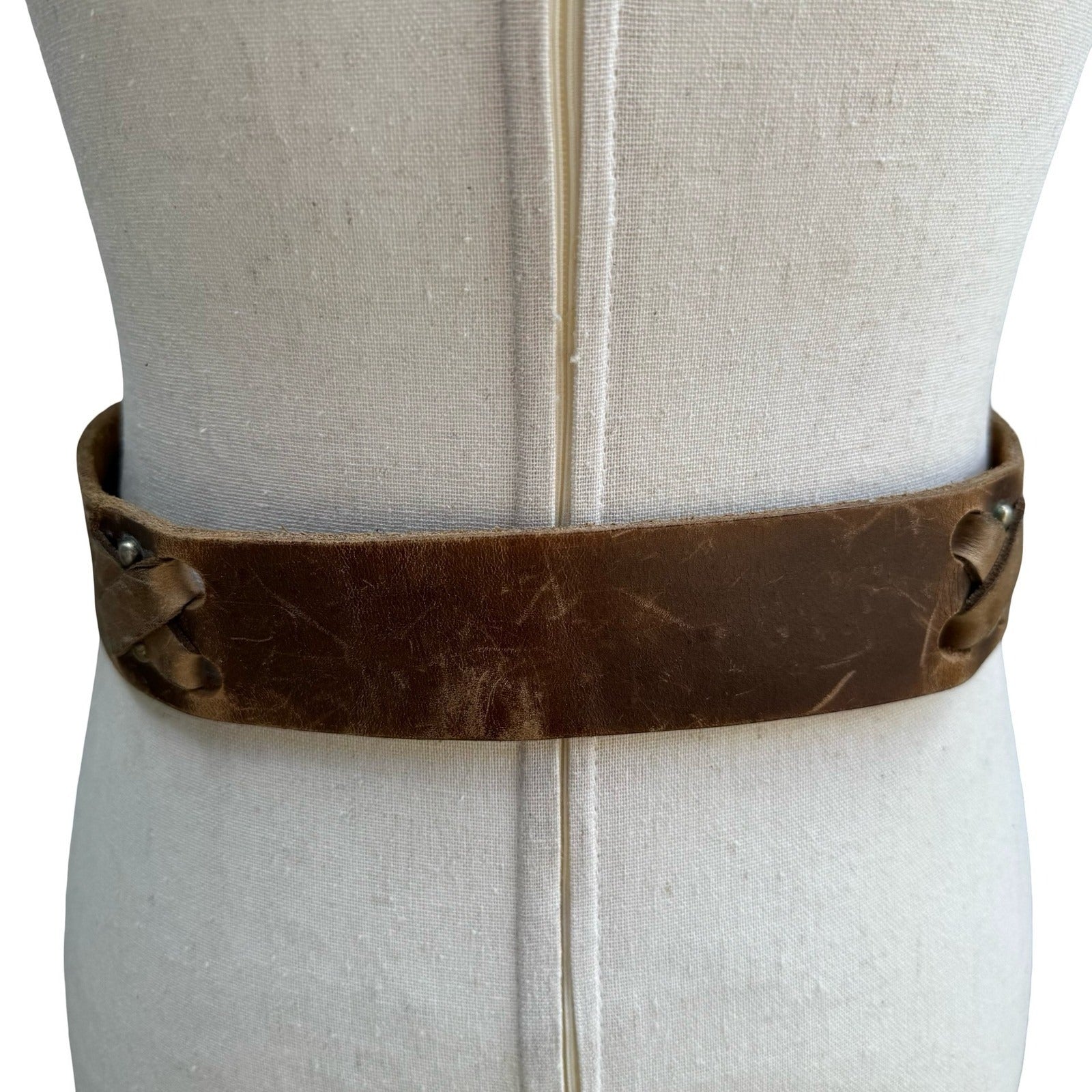 Vintage Handmade Brown Distressed Leather Belt Wide Criss Cross Studded Buckle L
