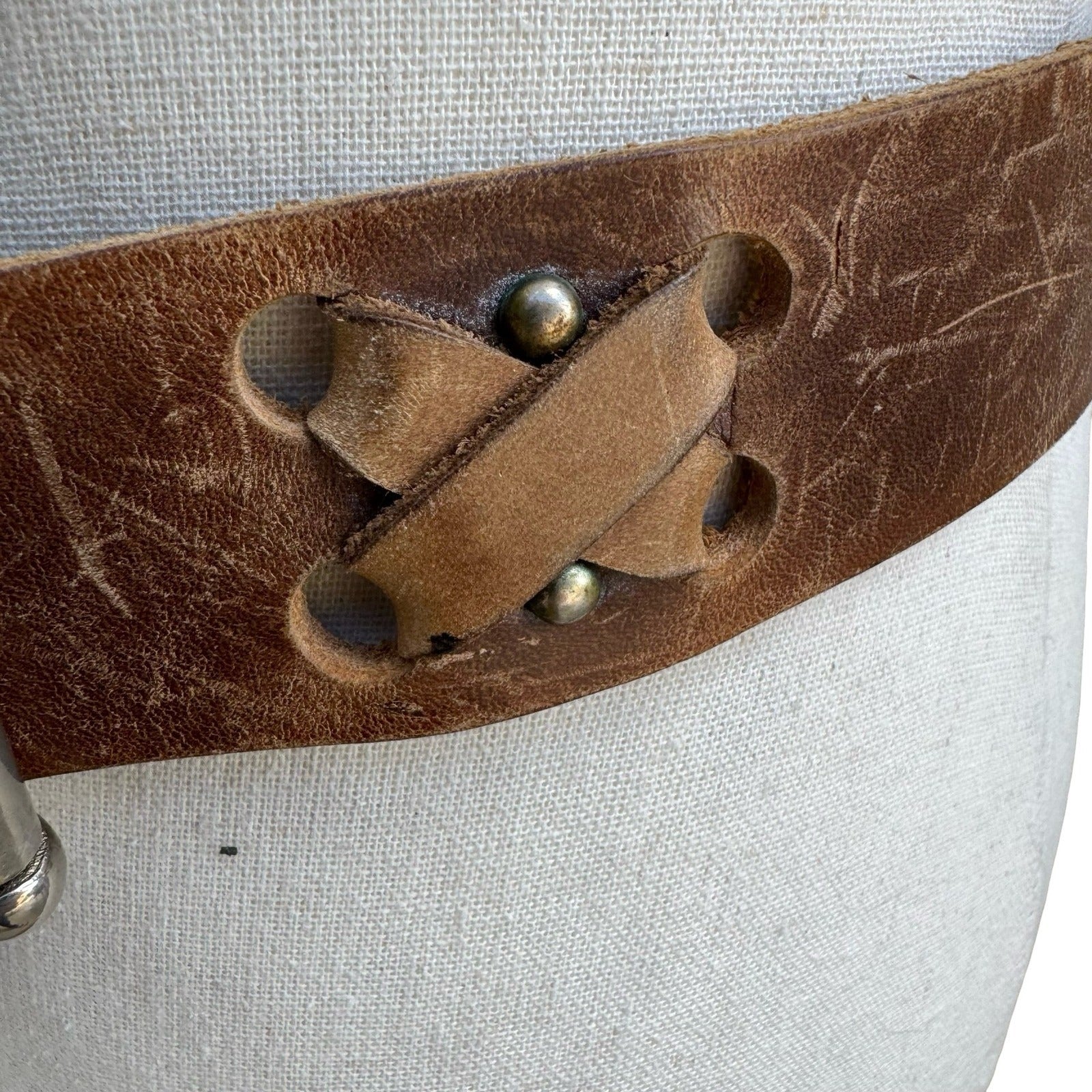 Vintage Handmade Brown Distressed Leather Belt Wide Criss Cross Studded Buckle L