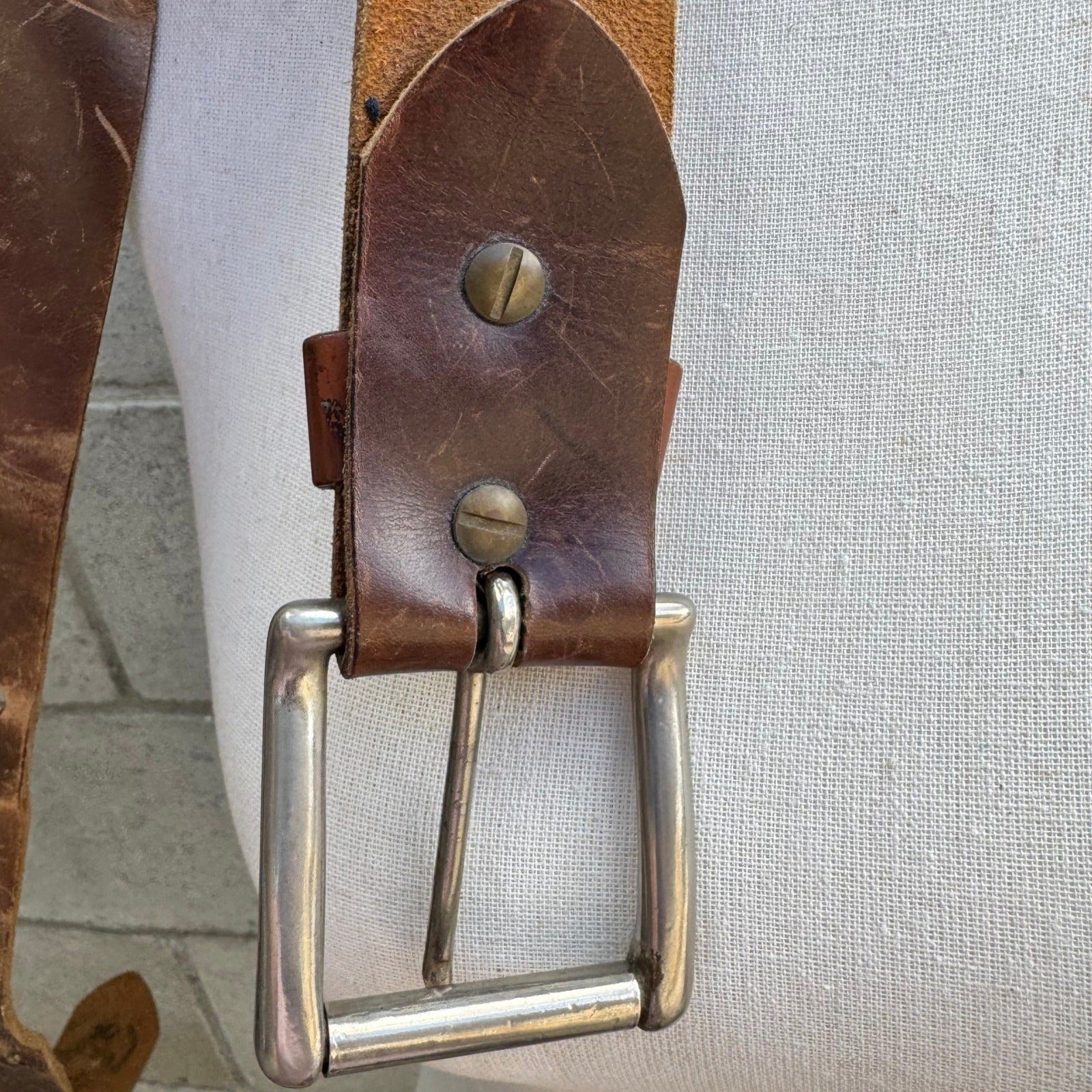Vintage Handmade Brown Distressed Leather Belt Wide Criss Cross Studded Buckle L