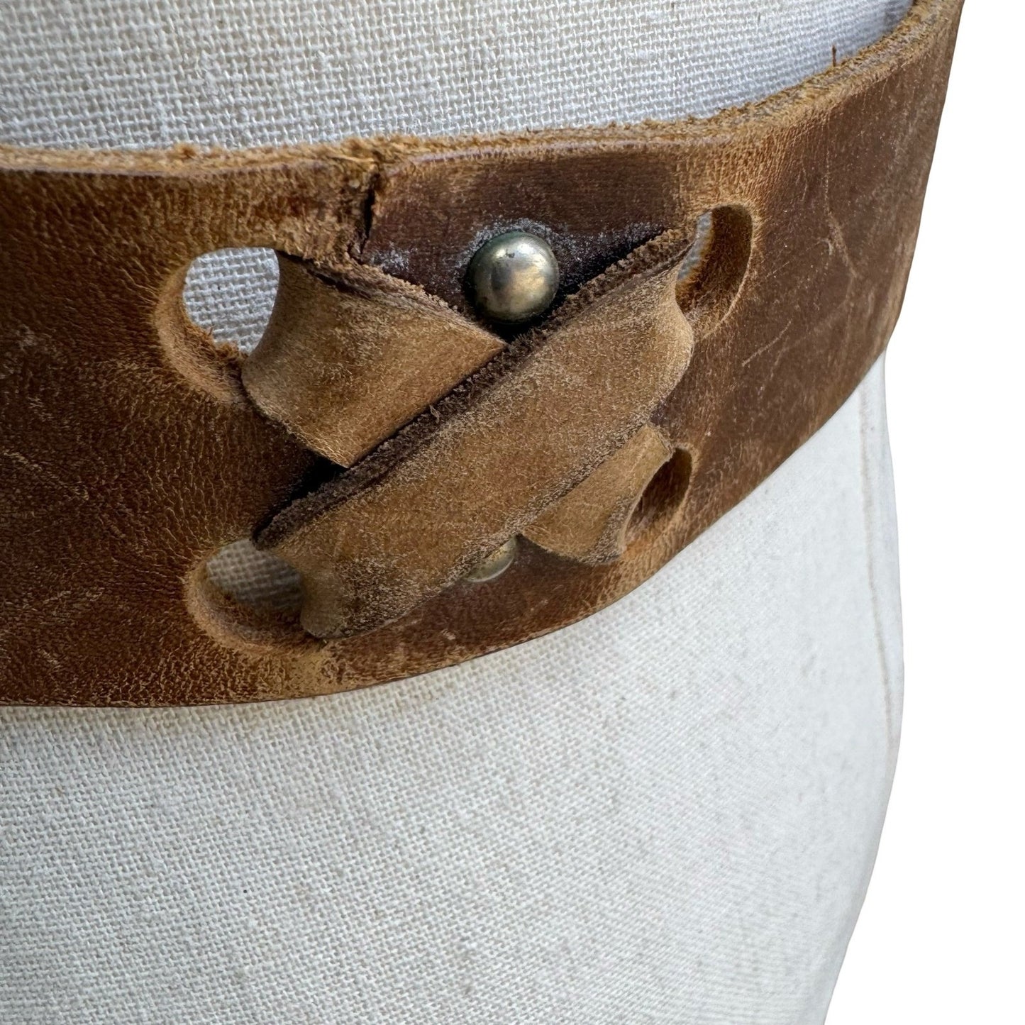 Vintage Handmade Brown Distressed Leather Belt Wide Criss Cross Studded Buckle L