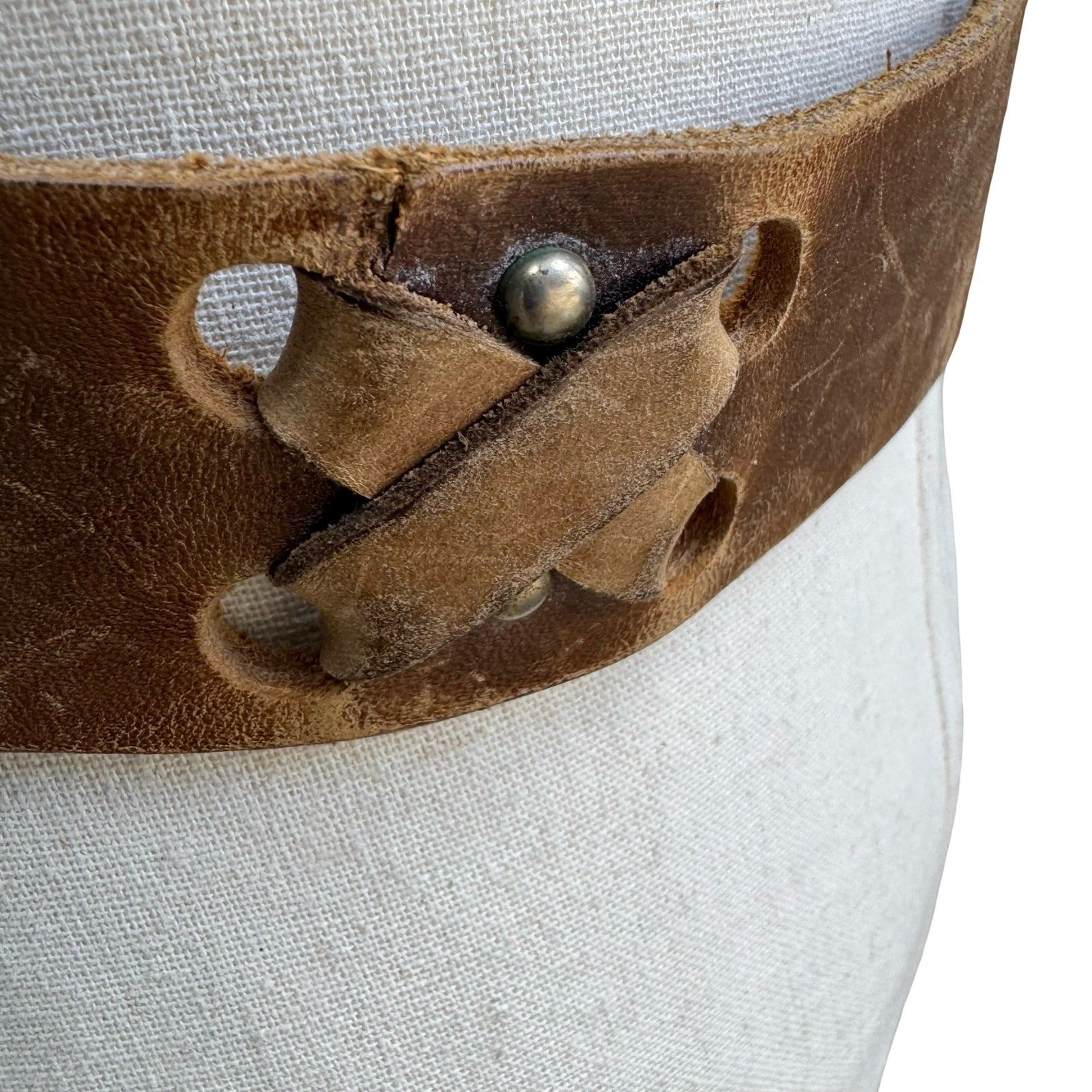 Vintage Handmade Brown Distressed Leather Belt Wide Criss Cross Studded Buckle L